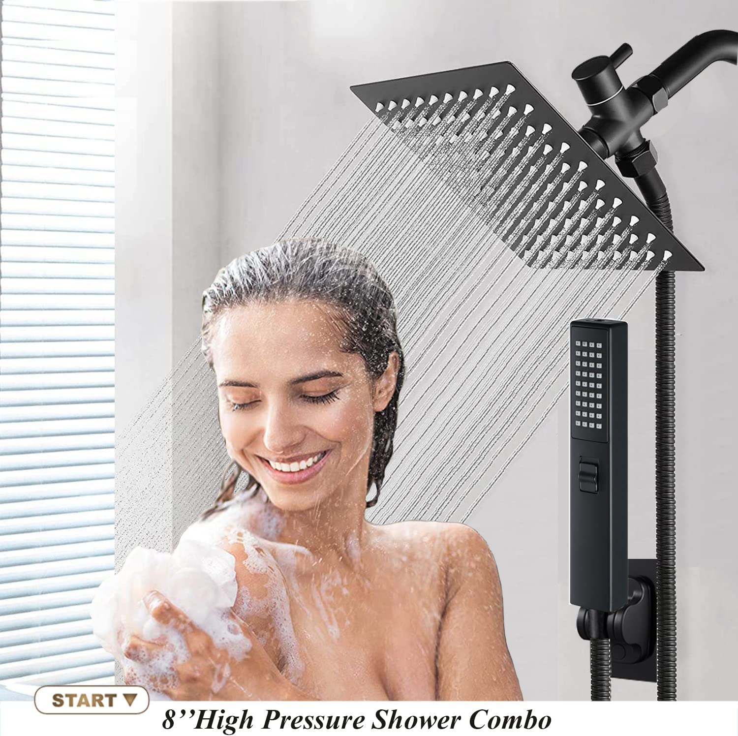 Bellearlly 8 Inch Matte Black High Pressure Shower Head with Hose - 2-in-1 Rainfall & Handheld Spray Showerhead with Anti-Leak Design & Holder - Perfect for Bathroom Renovation & Spa-Like Shower Experience