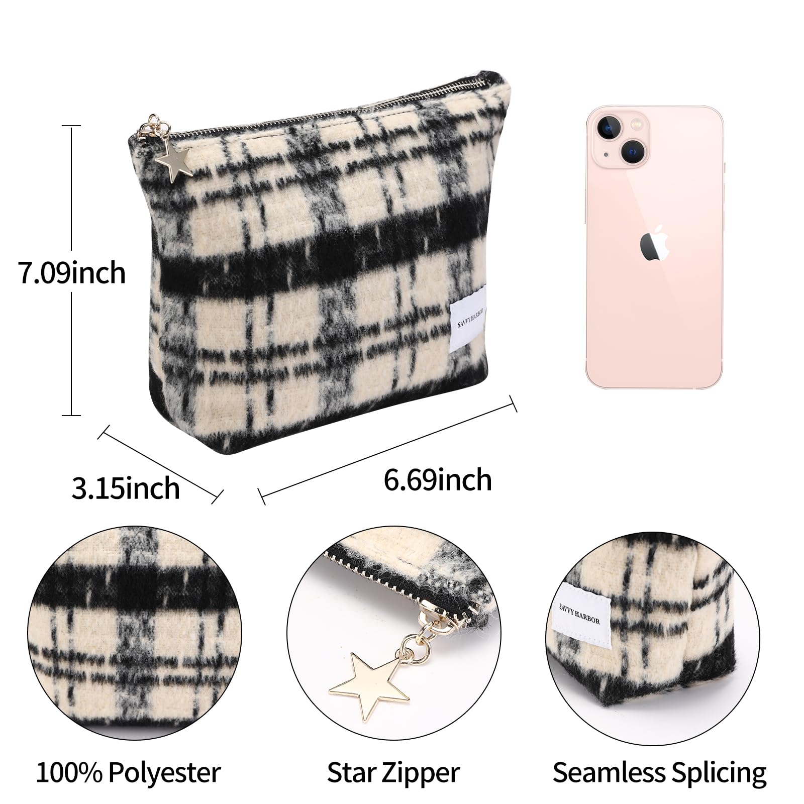 Elegant Beige Checkered Makeup Bag with Zipper - Roomy Travel Cosmetic Organizer & Toiletry Pouch for Women | Perfect Gift for Travel, Gym, and Daily Beauty Storage