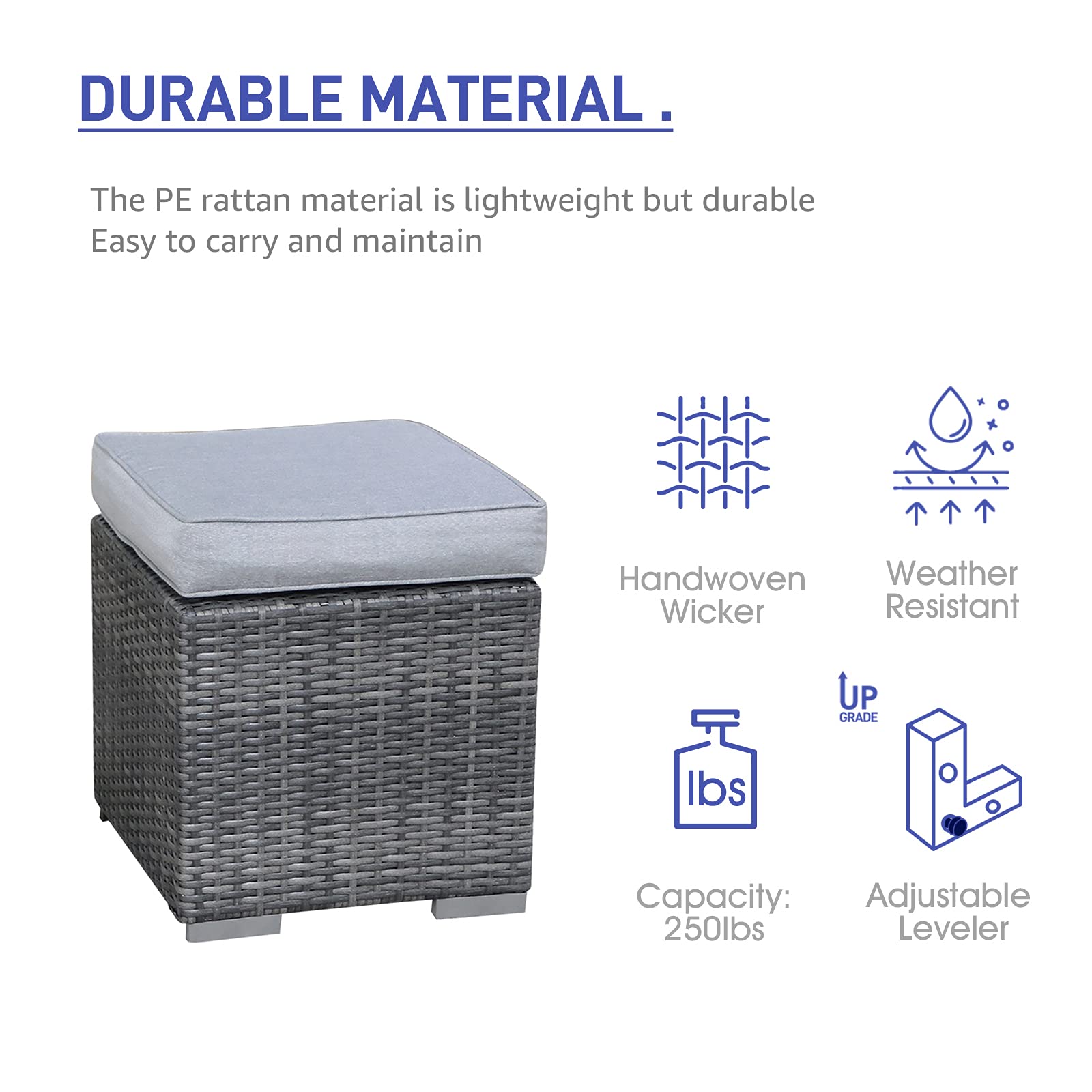 Patiorama 2-Piece Outdoor Patio Ottoman Set - All-Weather Grey Wicker Rattan Footstool with Light Grey Cushions - Indoor/Outdoor Use - No Assembly Required - Perfect for Poolside, Deck, Porch & Living Room Relaxation