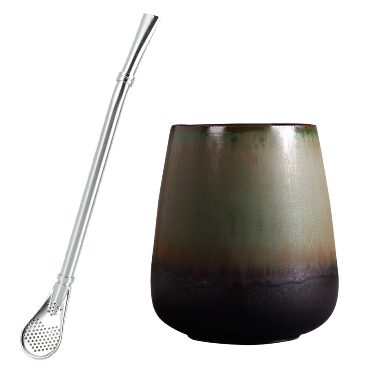 Premium Ceramic Yerba Mate Gourd Set with Bombilla & Filter Straw - Eco-Friendly, Slip-Proof Grip, Easy to Clean - Perfect for Traditional South American Tea at Home, Office or Travel - Blue Green Design