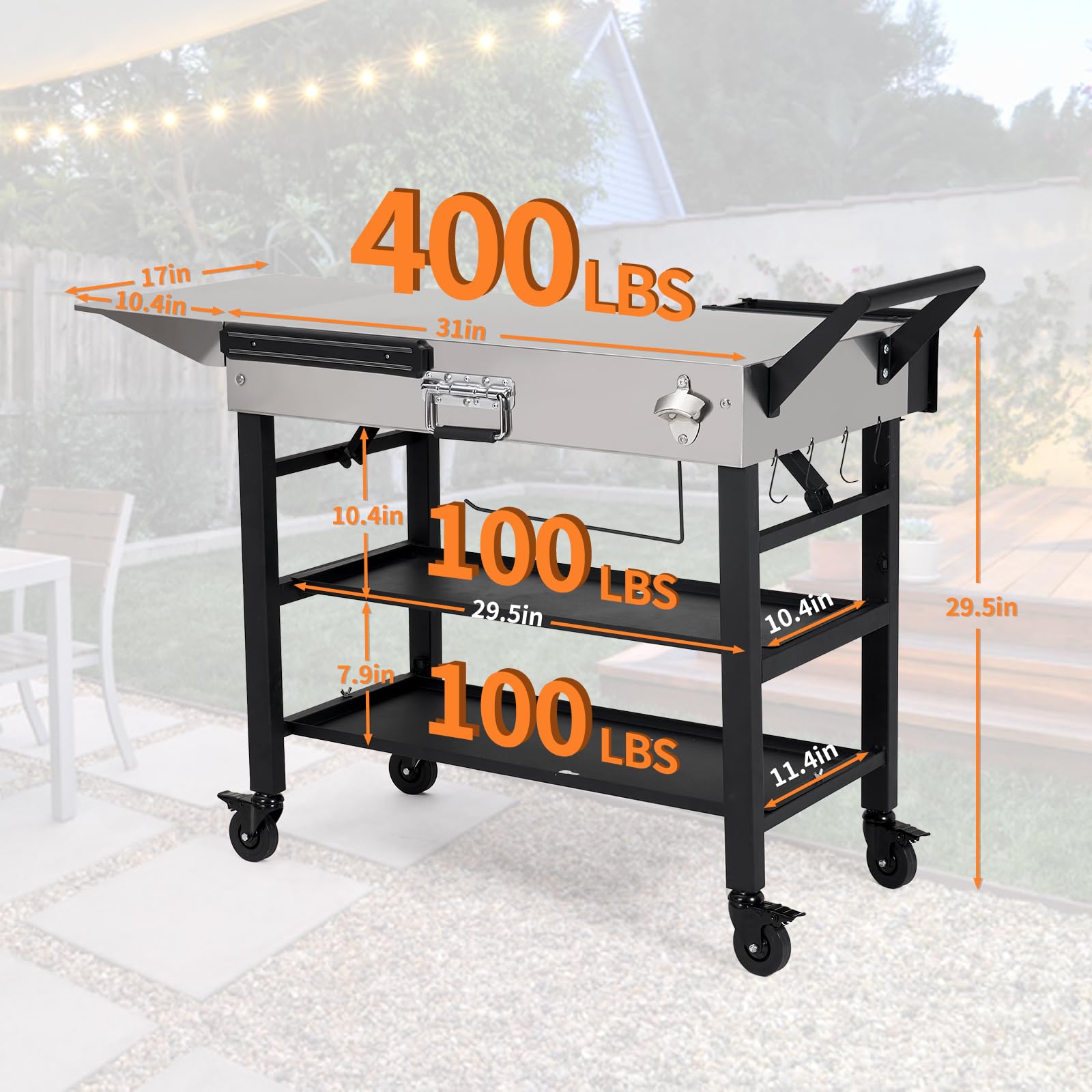 Stainless Steel Portable Outdoor Grill Cart with Wheels - Foldable BBQ Table 41x17 Inch, 2-Tier Storage Rack for Blackstone Griddle 17/22in, Ninja Woodfire Grill & Pizza Oven - Perfect for Backyard, Camping & Tailgating Parties