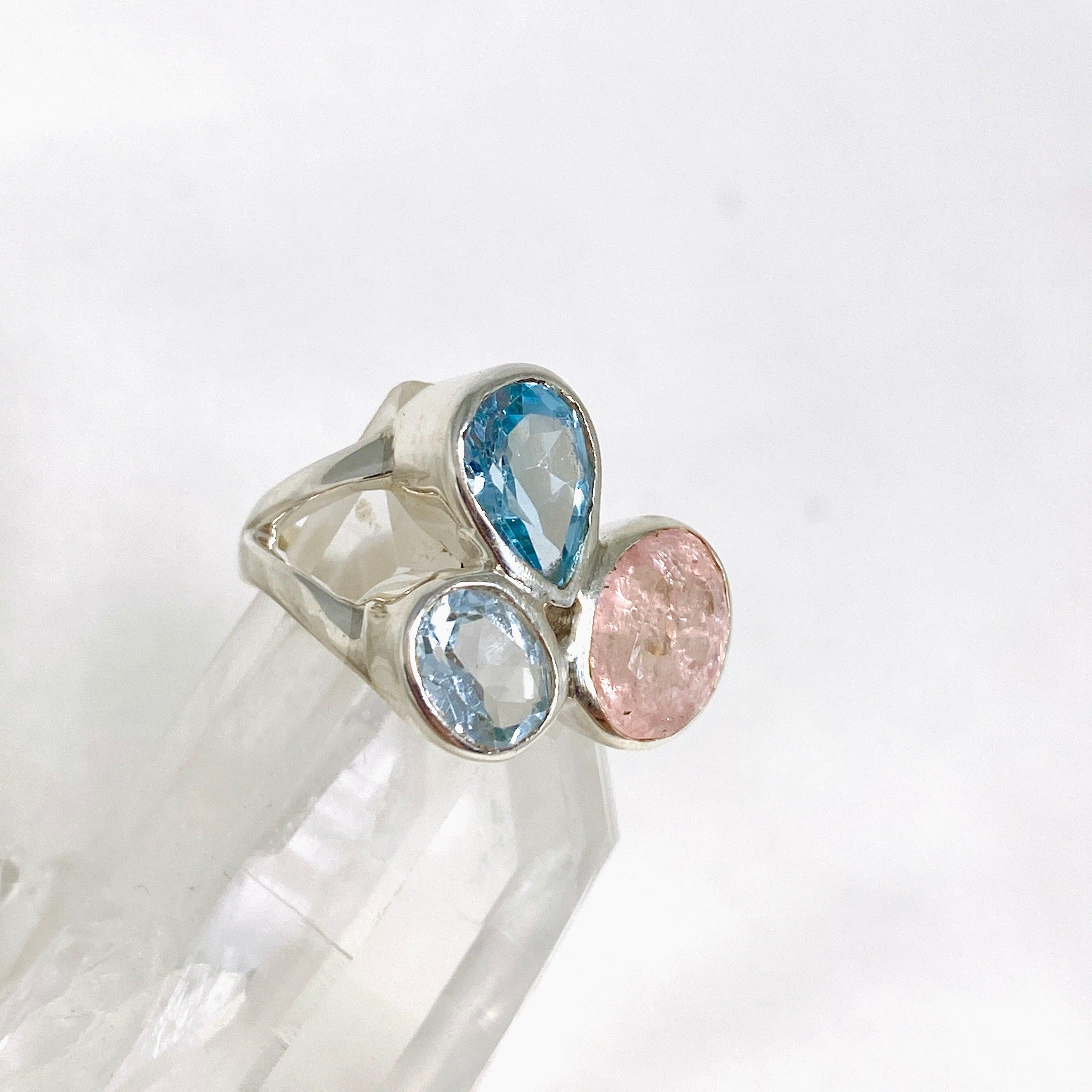Morganite & Blue Topaz Faceted Multi-Stone Ring - Size 7 | Elegant Birthstone Jewelry for Women | Perfect for Anniversaries, Engagements & Special Occasions