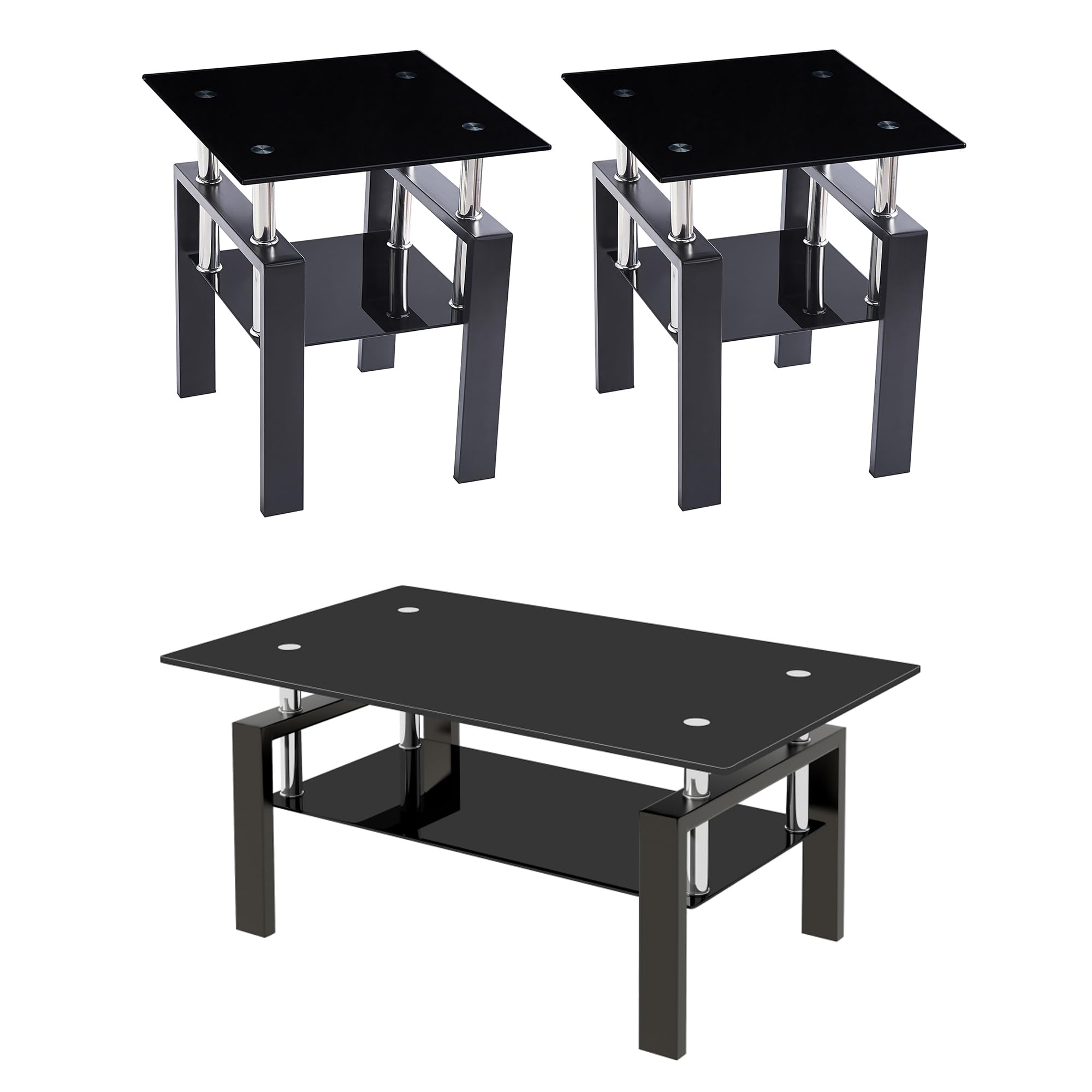 Modern Black Glass Coffee Table Set of 3 - Transparent Living Room Furniture with Waterfall Design - Includes Coffee Table & End Tables - Perfect for Small Spaces, Apartments & Contemporary Home Decor
