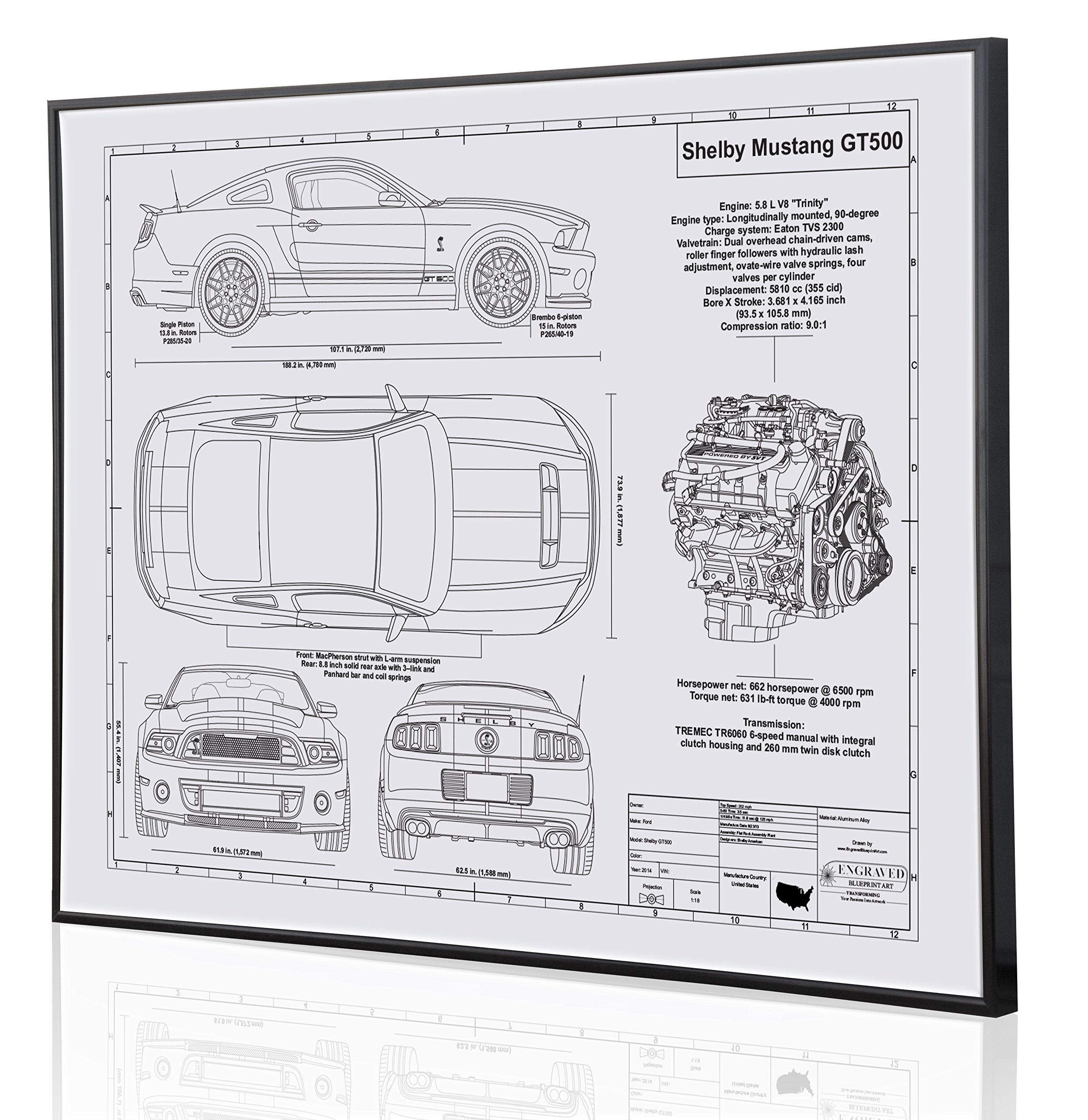 2014 Shelby Mustang GT500 Blueprint Artwork - Laser Engraved & Personalized - Unique Ford Car Enthusiast Gift for Home, Office, or Man Cave Decor