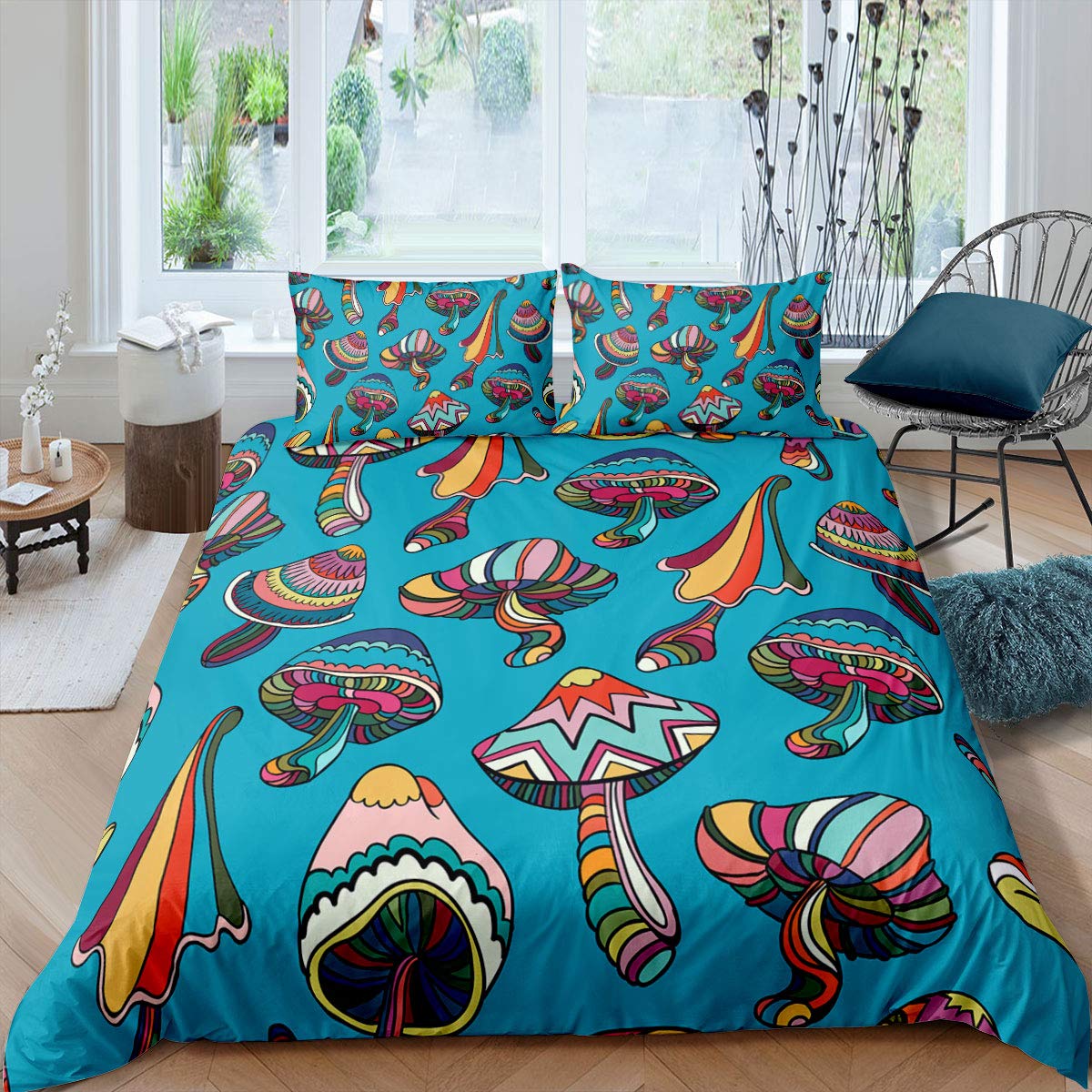 Vibrant Mushroom Duvet Cover Set for Kids & Teens - King Size Psychedelic Botany Design with Ornate Doodles | Fun Bedroom Decor for Boys & Girls | Perfect for Whimsical Bedrooms, Dorm Rooms, and Fantasy-Themed Sleepovers