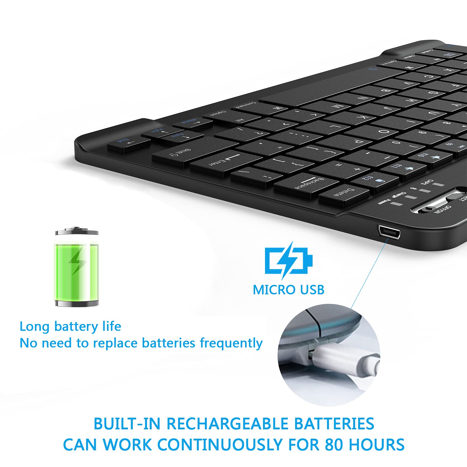 Ultra-Slim Bluetooth Keyboard for Android, iPhone, iPad, Tablet, Windows - Rechargeable Wireless Keyboard with Portable Design - Perfect for Travel, Office, and Home Use (Black)