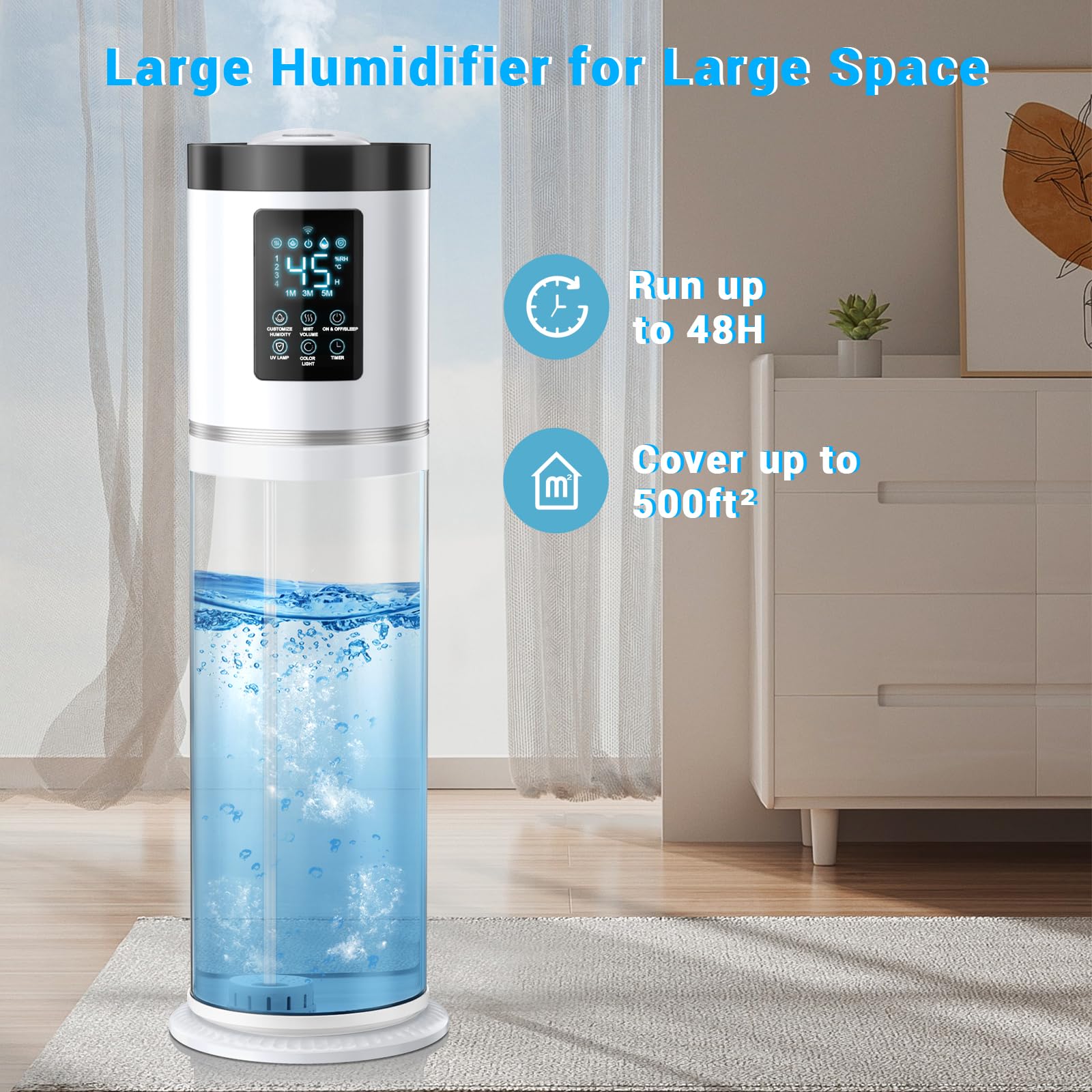 Ultrasonic Cool Mist Humidifier for Large Bedroom & Office - 8L (2.1Gal) Capacity with Clear Tank, 7-Color Ambient Light, Built-in Humidistat & Essential Oil Tray - Ultra Quiet (36dB) for Better Sleep, Air Comfort & Aromatherapy