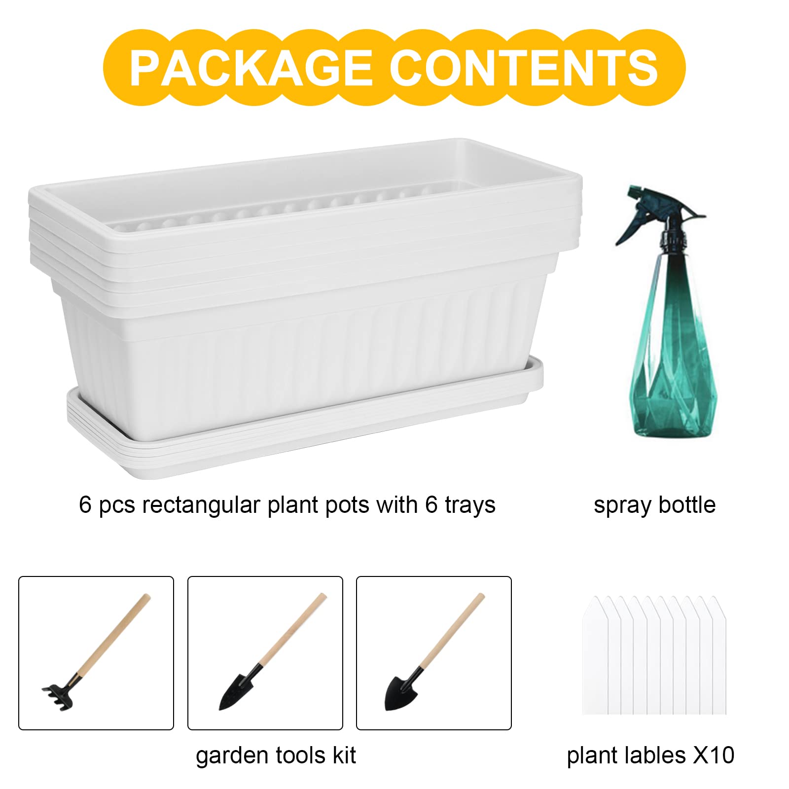 6 Pack White Plastic Window Box Planters - 17 Inch Rectangular Flower & Vegetable Planters with Drainage Trays - Perfect for Windowsill, Balcony, Patio, Garden & Porch Decor - Indoor/Outdoor Gardening Solution