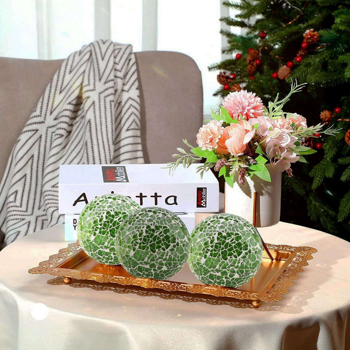 Woration 1 PC Green Glass Mosaic Decorative Orbs - 3.35 Inch Table Centerpiece Balls, Vase Fillers, Home Decor for Christmas, Parties, Living Room | Perfect for Wedding Centerpieces, Holiday Decorations & DIY Craft Projects