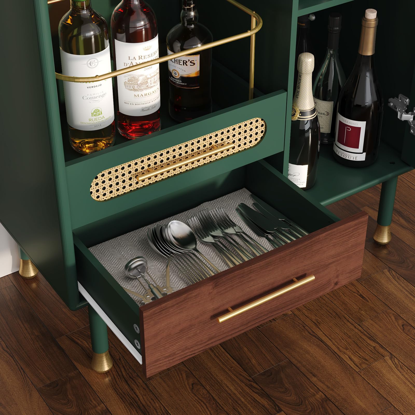 Modern Coffee Bar Cabinet with Wine Glass Rack & Storage Drawers - Green Kitchen Liquor Cabinet with Pull-Out Wine Rack for Dining Room, Living Room & Home Bar - Perfect for Entertaining Guests & Stylish Home Decor