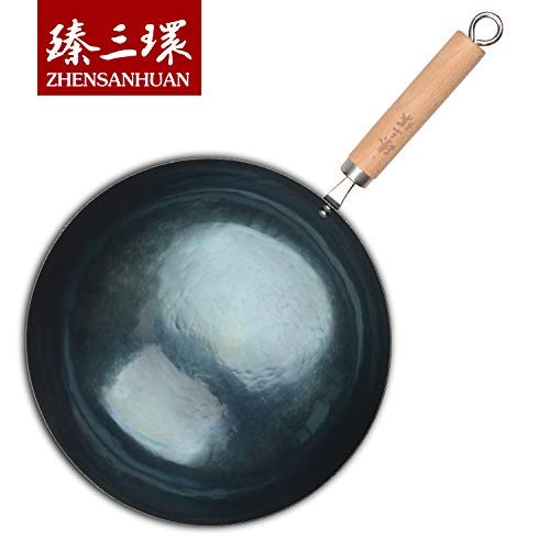 ZhenSanHuan Premium Chinese Hand-Hammered Iron Wok Pan - 32cm Seasoned Carbon Steel Stir Fry Pan with Wooden Handle - Perfect for Asian Cooking, Stir Frying, Deep Frying & Home Kitchen Use