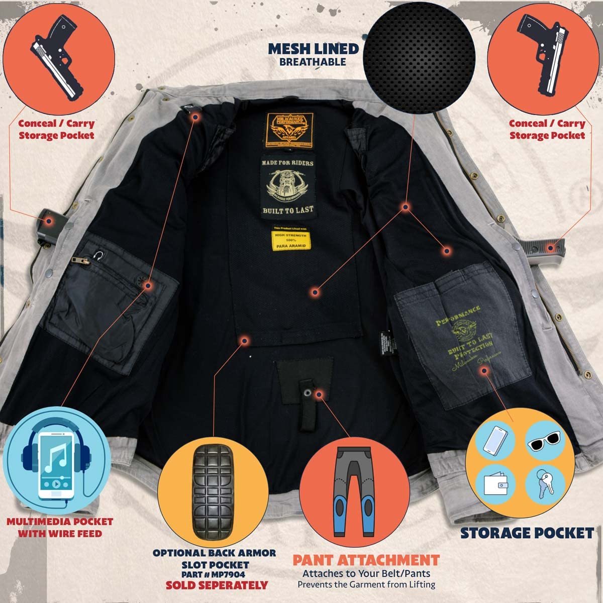 Milwaukee Leather MPM1641 Men's Plaid Flannel Biker Shirt with CE Approved Armor - Aramid Fiber Reinforced - Small Orange - Motorcycle Riding & Outdoor Adventure Shirt