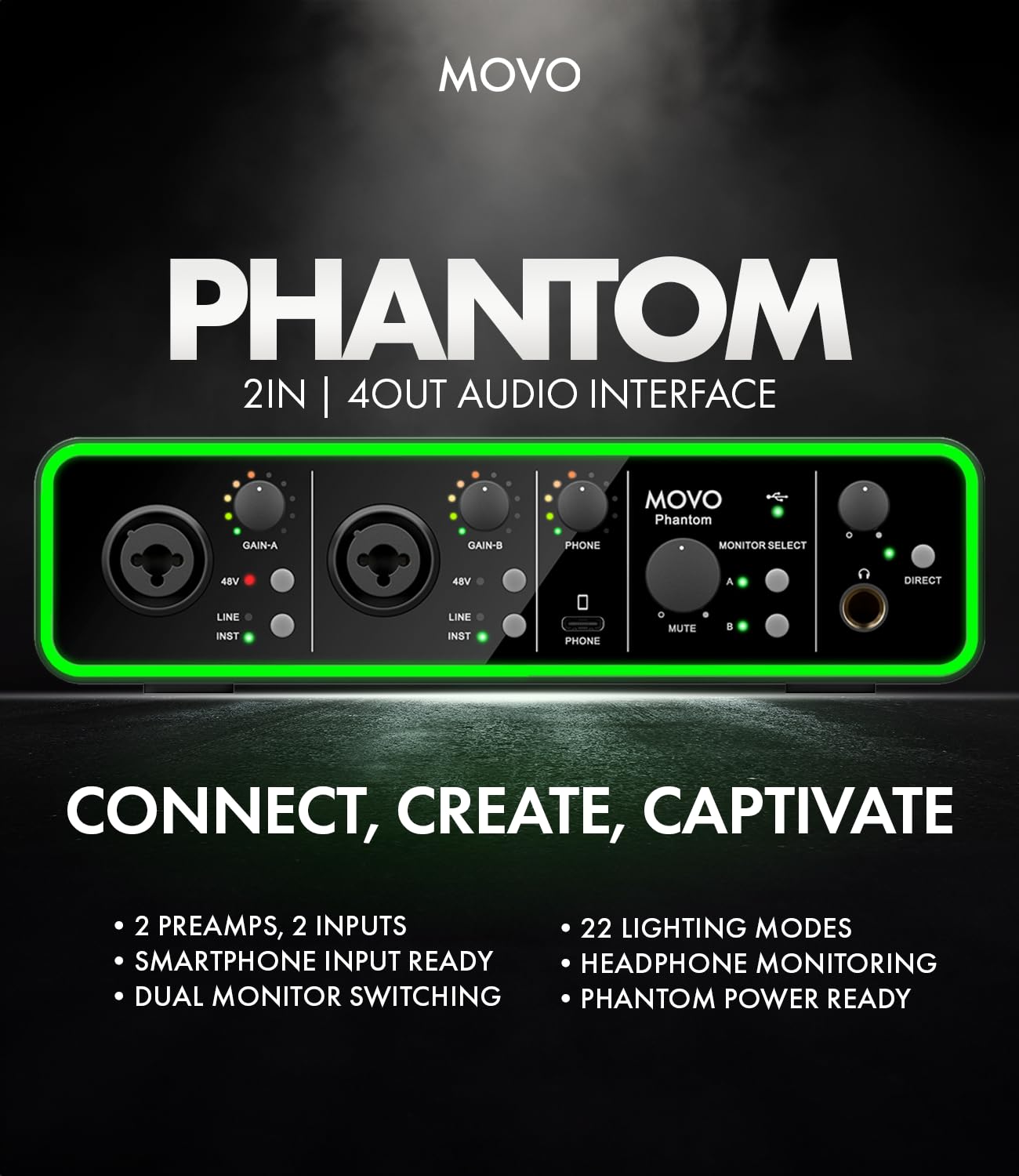 Movo Phantom Dual Channel USB/USB-C Audio Interface - Professional Recording, Podcasting & Music Production with Smartphone USB-C Input - Perfect for Home Studios, Live Streaming & Content Creation