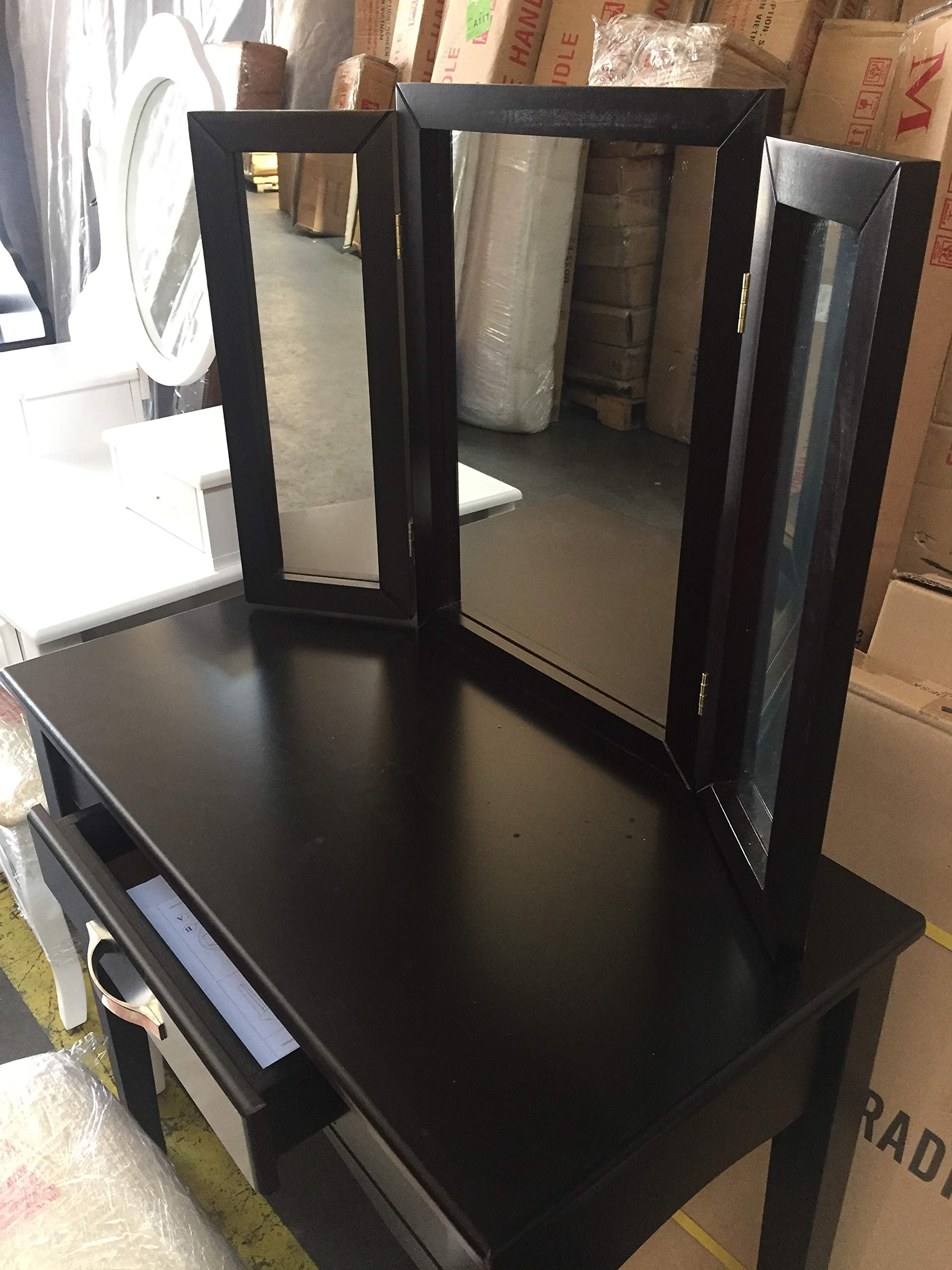 Espresso Vanity Set with Stool & 3-Panel Mirror - Perfect for Bedroom, Bathroom, or Dressing Room Makeup Station