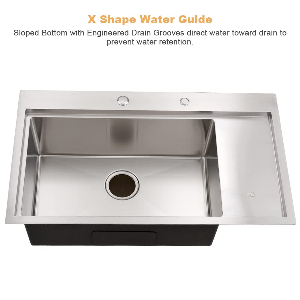 Bokaiya 33x19 Inch Drop-In Stainless Steel Kitchen Sink with Glass Rinser Workstation - 16 Gauge Deep Single Bowl Sink with Cup Washer - Perfect for Modern Kitchens, Food Prep & Dishwashing