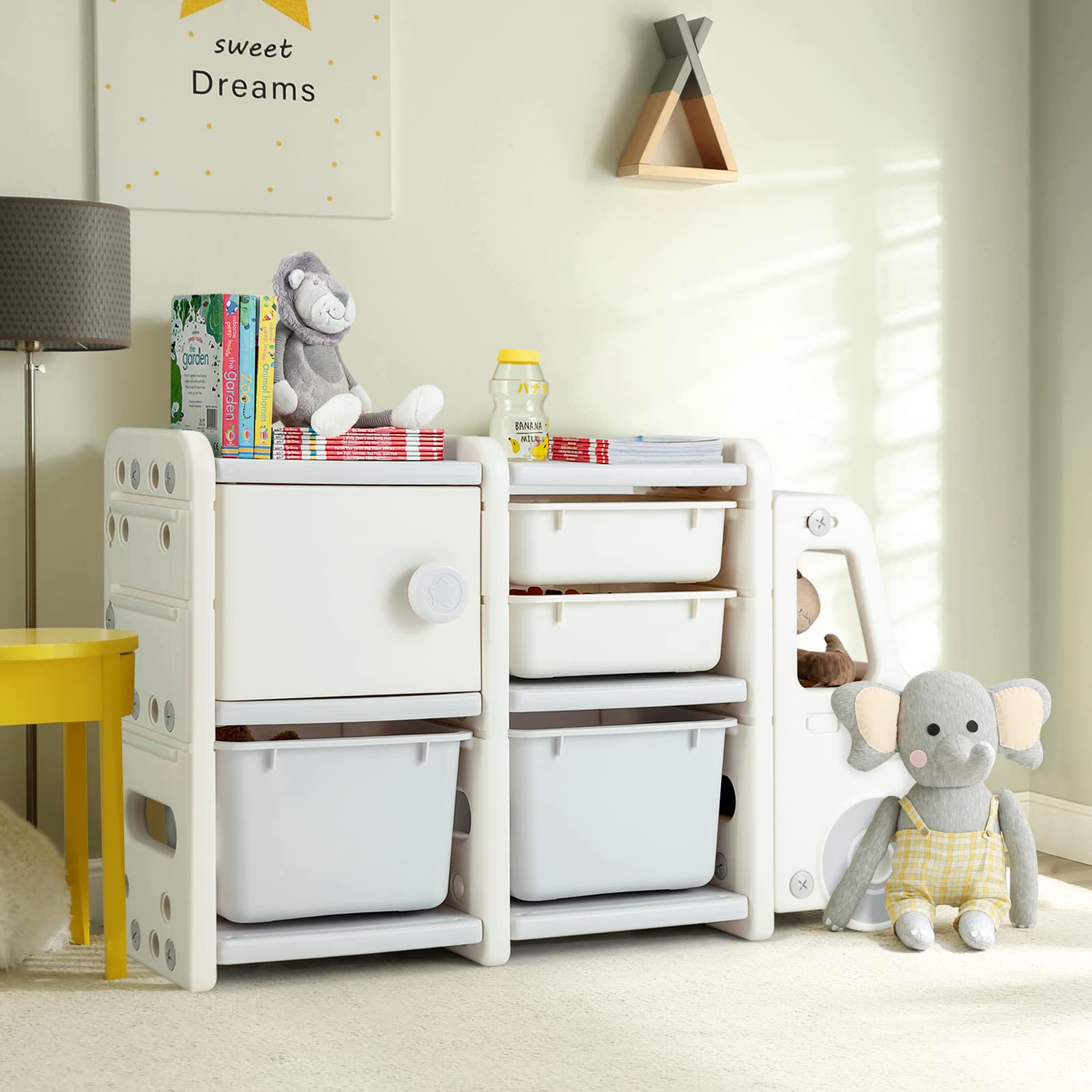 Costzon Kids Toy Organizer & Storage - 2 Large Bins, 2 Drawers, Open Shelf - Multifunctional Toy Chest & Bookcase for Playroom, Bedroom, Nursery (Beige) | Perfect for Organizing Toys, Books & Kids' Room Decor