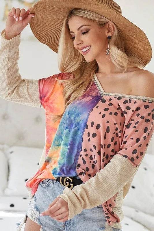 Bibi Print Block V Neck Top With Contrast Stitching In Blush | Flowy Casual Blouse for Women | Perfect for Office Wear, Date Nights & Summer Outfits