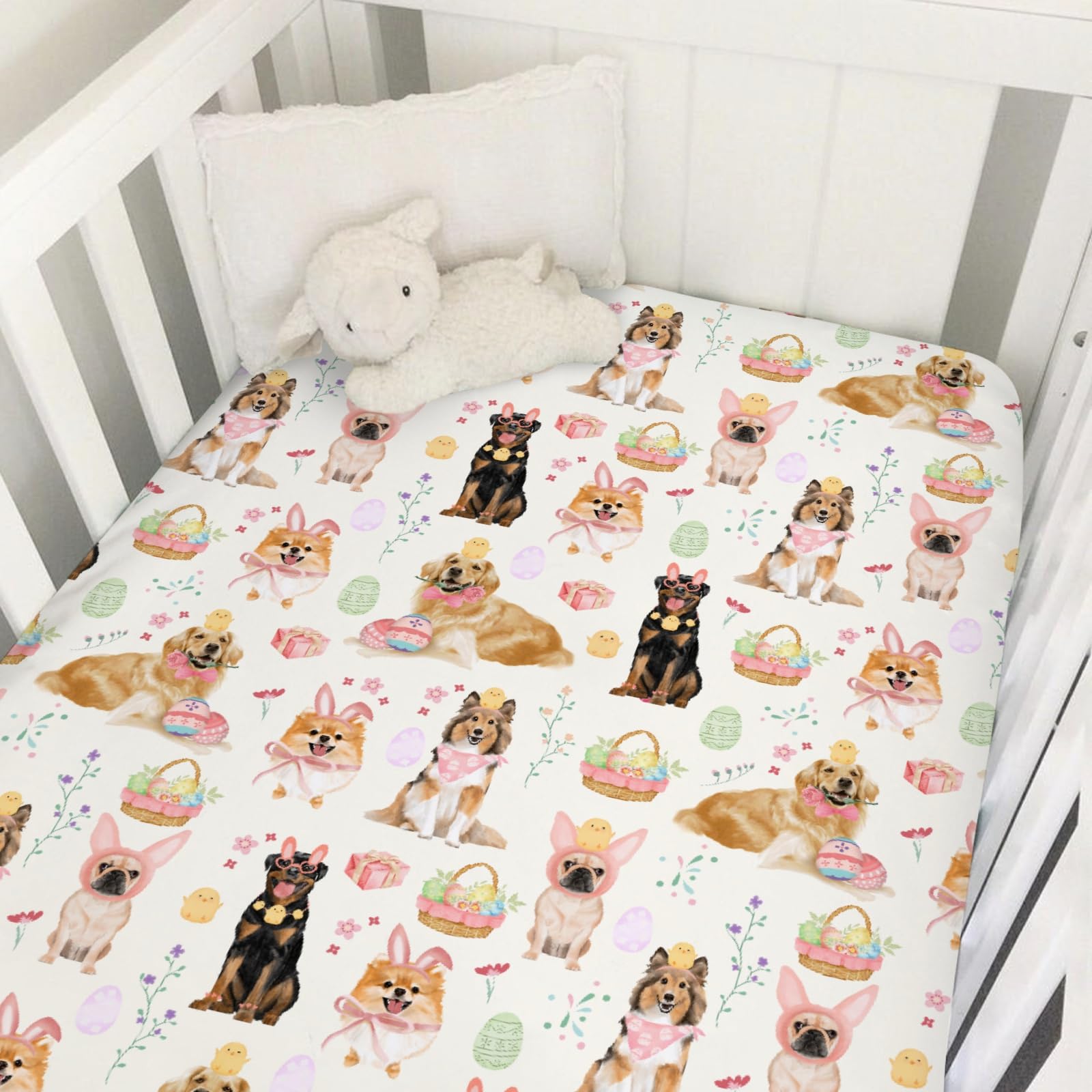Easter Dog Crib Sheet 52''x28'' - Bunny, Colorful Eggs & Flowers Design - Stretchy Fitted Crib Mattress Cover for Boys & Girls - Soft Baby Bed Sheets for Standard Crib & Toddler Mattress - Perfect Gift for Dog Lovers & Easter Decorations