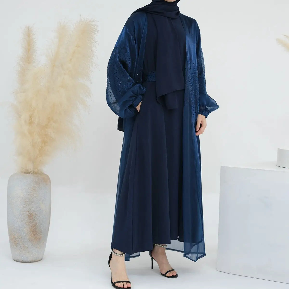 2 Piece Set Bright Wrinkle Puff Sleeve Open Abaya Dress - Elegant Muslim Women's Prayer Dress for Mosque, Eid & Special Occasions