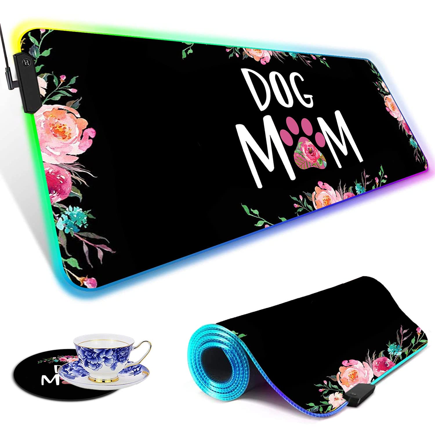 RGB Gaming Mouse Pad - Large LED Light-Up Desk Mat with Non-Slip Waterproof Surface | Floral Design for Gamers & Dog Lovers | Perfect for PC Gaming, Office Work & Home Decor