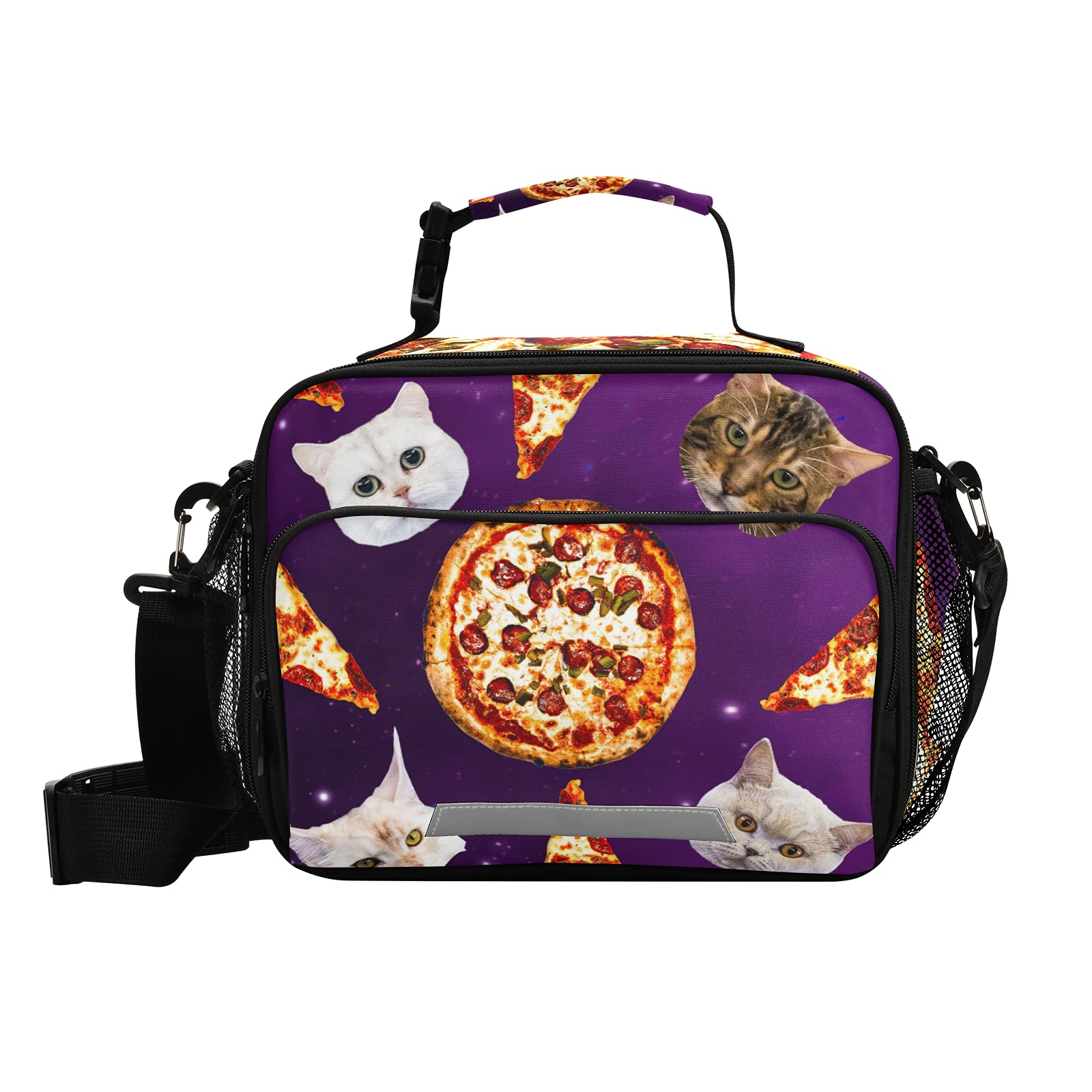 Space Cat Themed Insulated Lunch Box for Kids & Adults - Reusable Cooler Bag for School, Work, Picnic & Outdoor Activities - Cute Pizza Print Lunch Tote with Shoulder Strap
