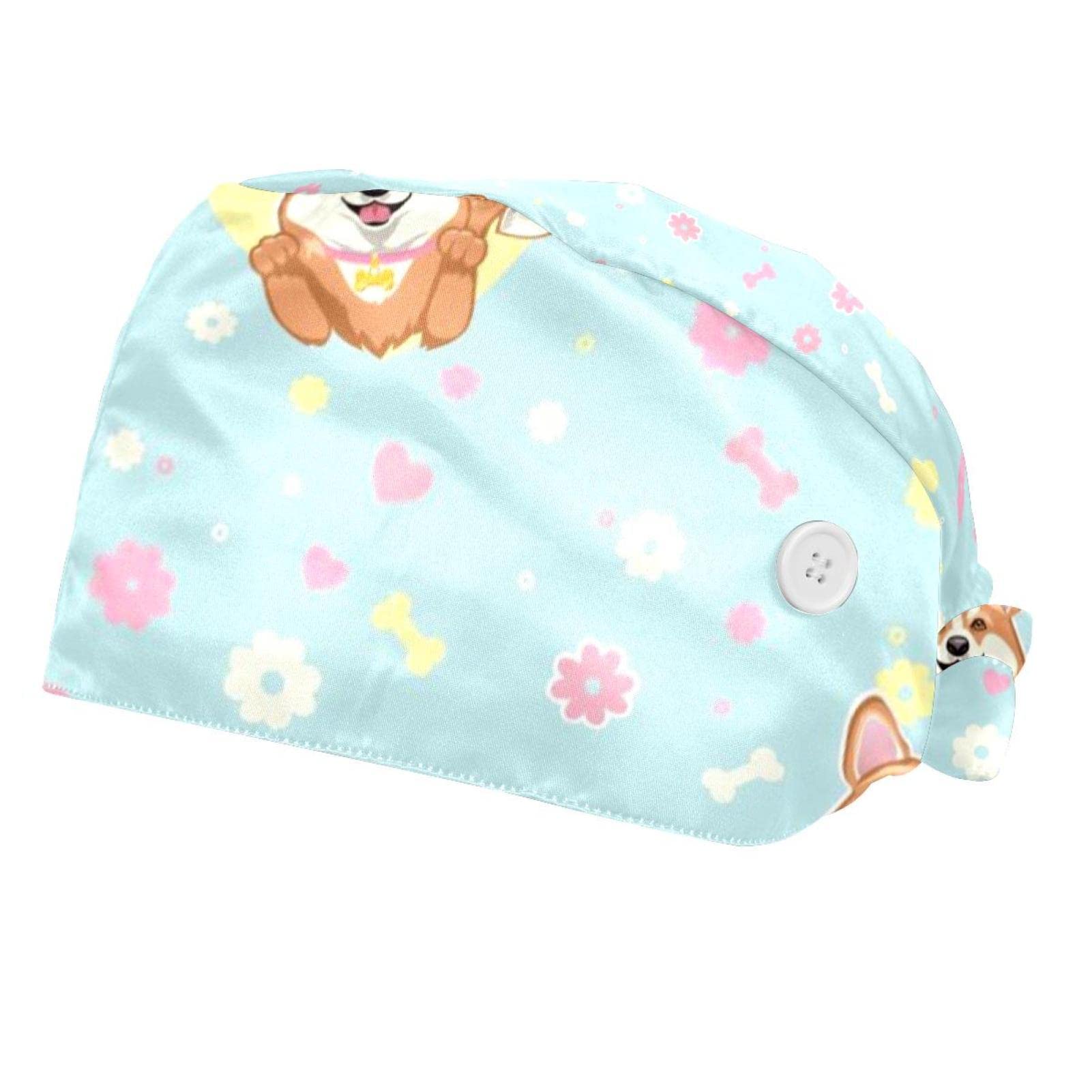 2 Pack Adjustable Bouffant Hats with Buttons & Sweatband - Breathable Work Caps for Women & Men - Tie Back Design for Nurses, Chefs, Lab Workers & Corgi Dog Lovers