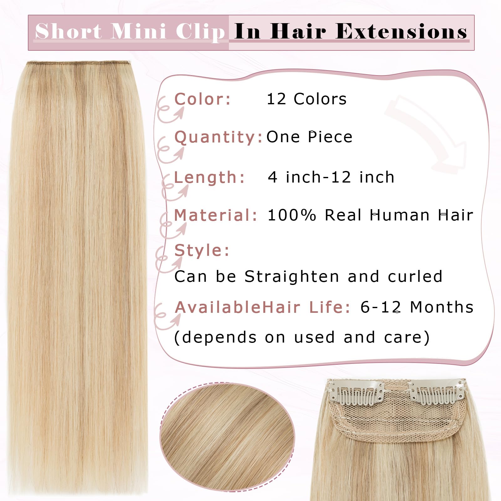 6 Inch Clip-In Human Hair Extensions for Short Hair - Ash Blonde & Bleach Blonde | Invisible Mini Hair Pieces for Thinning Hair | Natural Real Human Hair for Men & Women | Perfect for Volume Boost & Everyday Styling