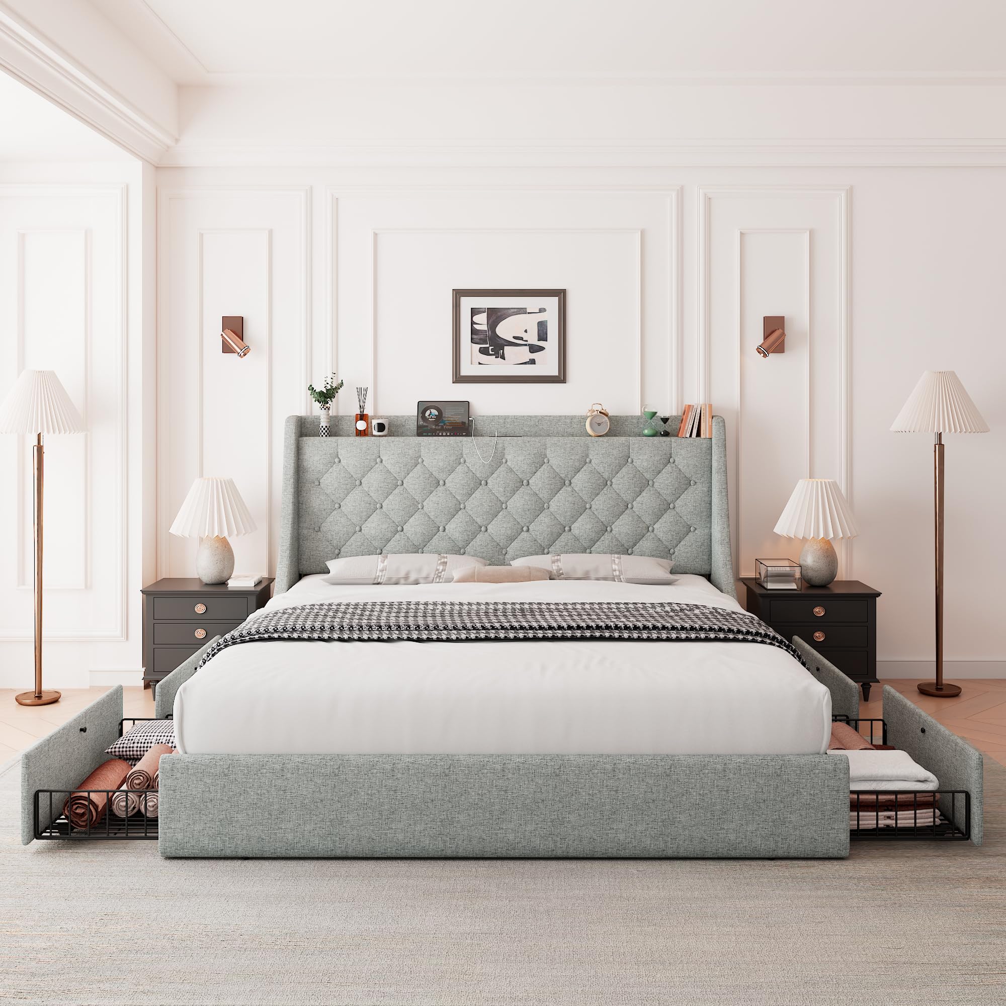 Feonase Queen Size Upholstered Storage Bed Frame with 4 Drawers & USB Charging Station - Tufted Wingback Headboard, No Box Spring Needed, Light Grey (FEO737) - Perfect for Small Bedrooms, Guest Rooms & Modern Apartments
