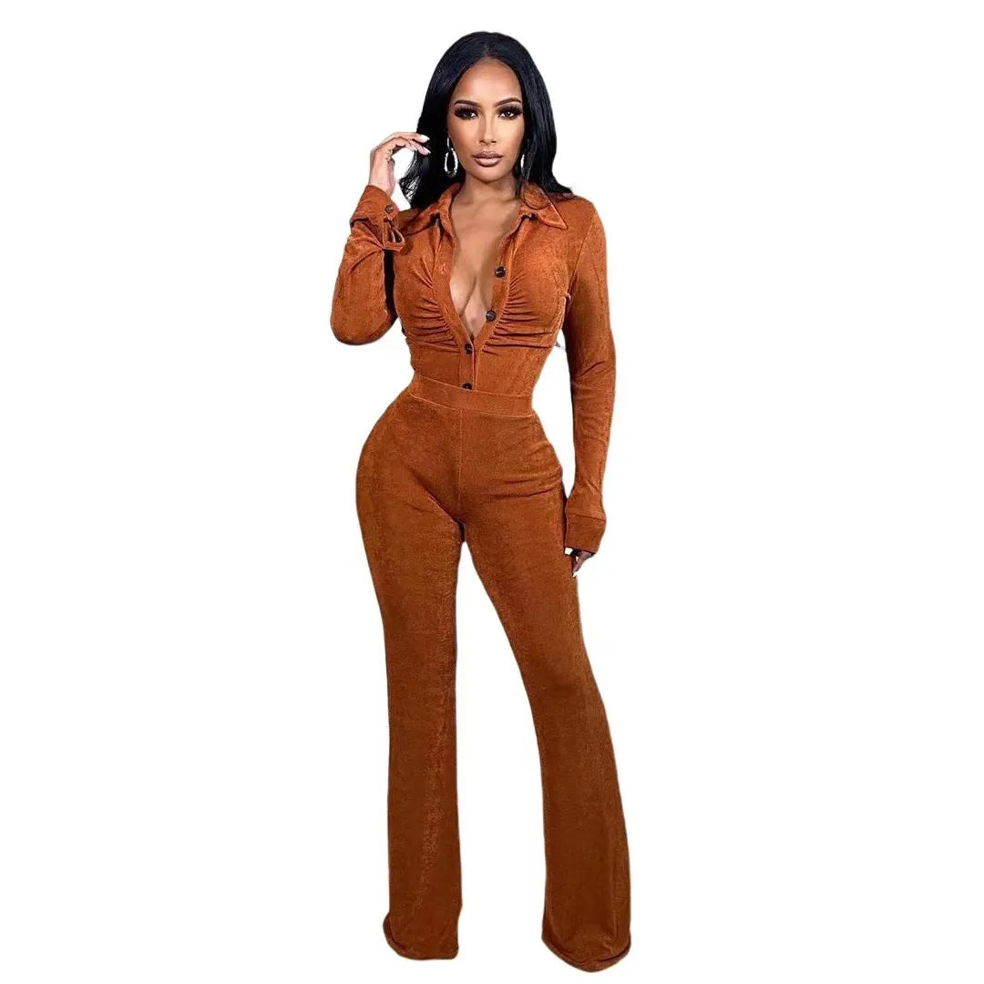 2024 Women's Casual Velvet Two-Piece Set - Elegant Long Sleeve Top & Pants Suit | Spring Fashion Outfit for Work, Dating & Special Occasions