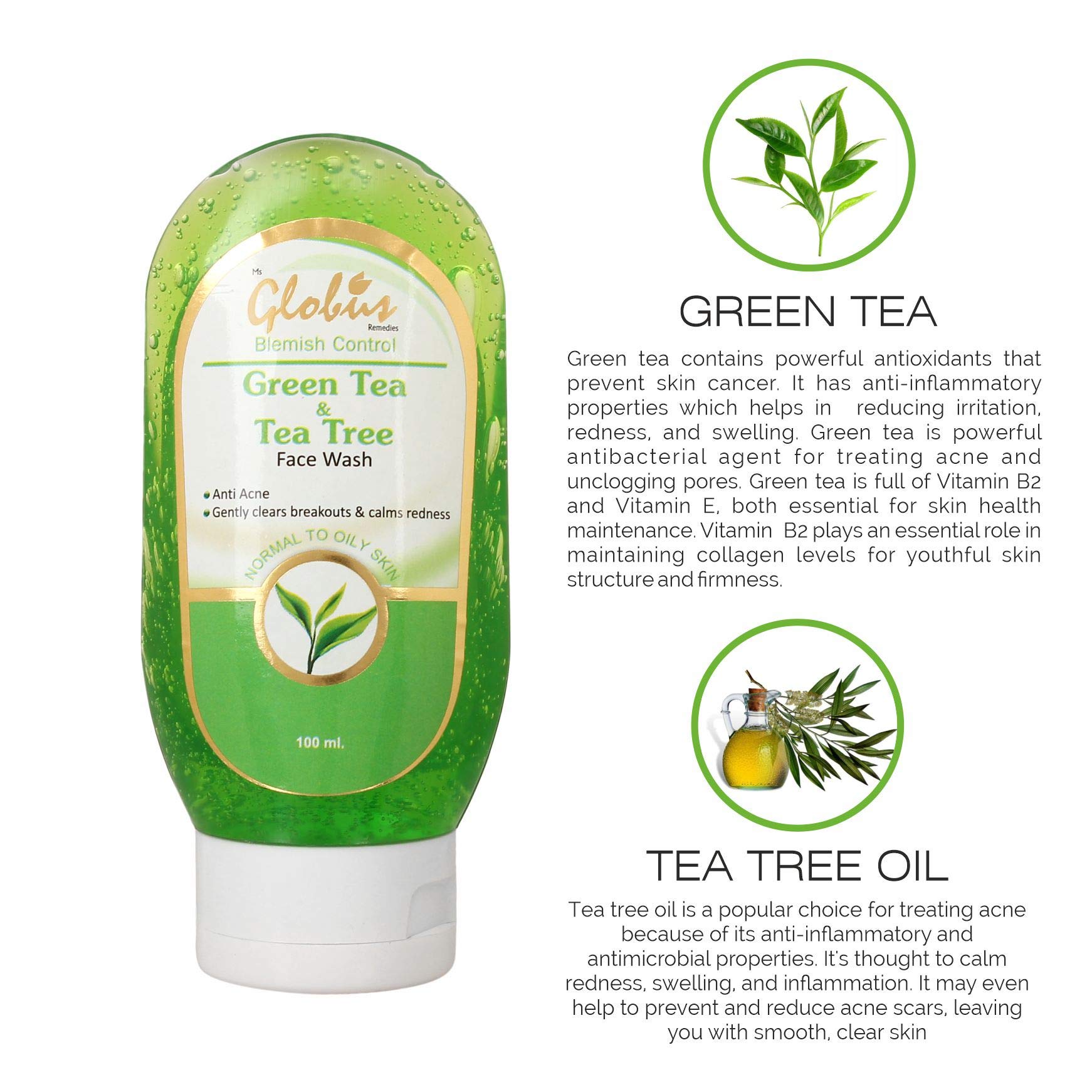 Globus Green Tea & Tea Tree Facial Cleanser 100ml - Deep Cleansing for Acne-Prone & Oily Skin - Perfect for Daily Skincare Routine
