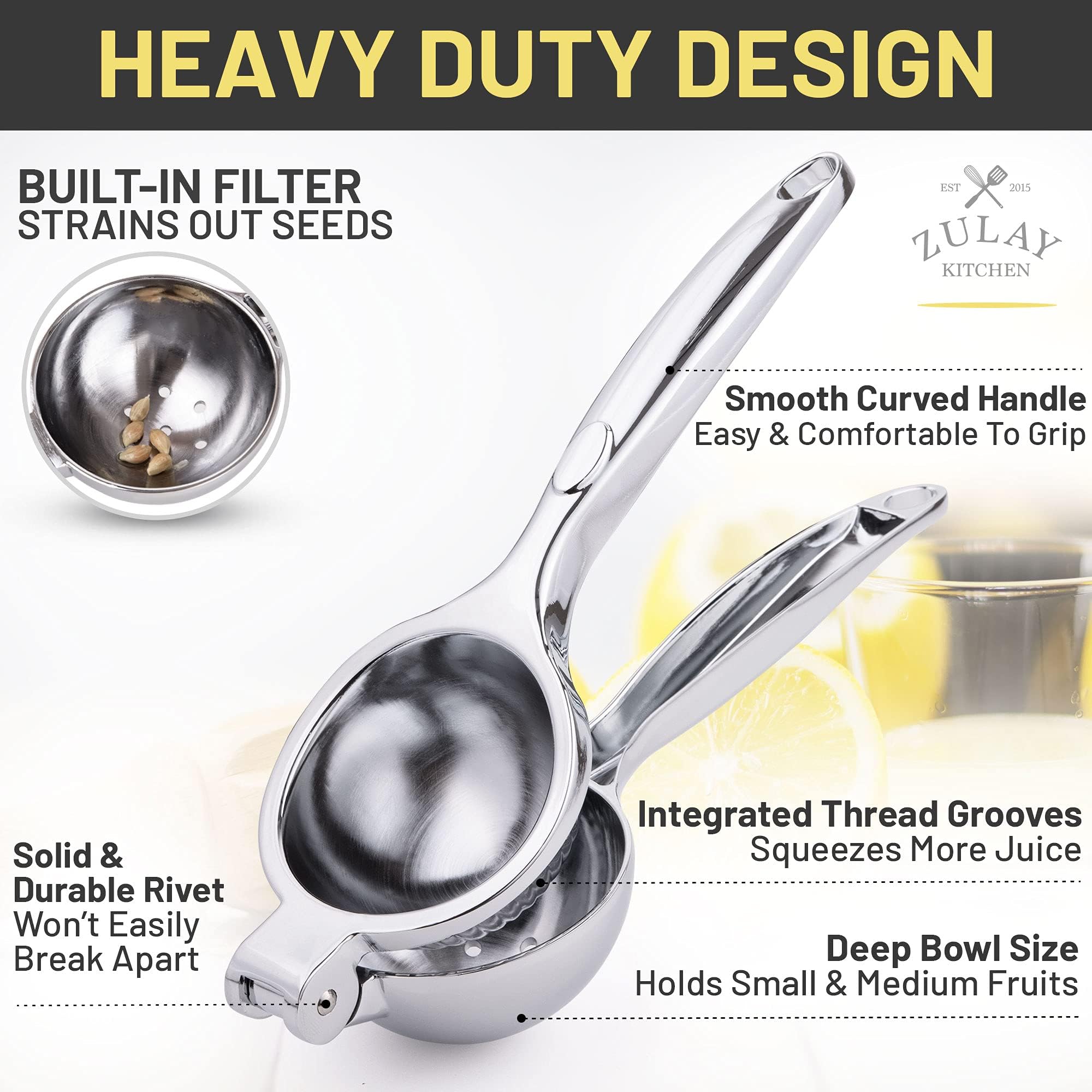 Premium Stainless Steel Lemon Squeezer - Heavy Duty Handheld Citrus Press for Lemons, Limes & Oranges - Easy to Clean Manual Juicer with Non-Slip Base - Perfect for Cocktails, Baking & Healthy Juicing at Home