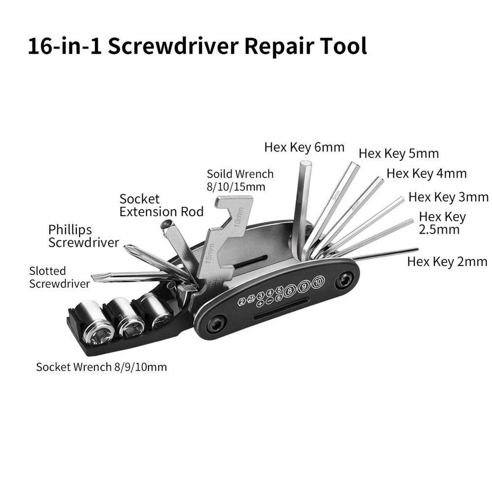 Portable Bike Tire Repair Kit with Mini Pump, 16-in-1 Multi-Tool, Tire Levers & Tail Bag - Complete Cycling Tool Set for Road, Mountain & BMX Bikes - Perfect for Emergency Repairs On-The-Go