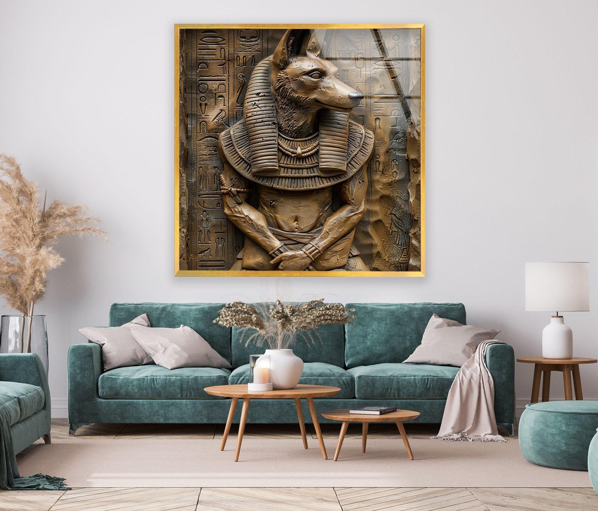 Anubis Statue Glass Wall Art - Egyptian God Home Decor for Living Room, Bedroom & Office - Handcrafted Glass Wall Sculpture for Spiritual & Gothic Decor