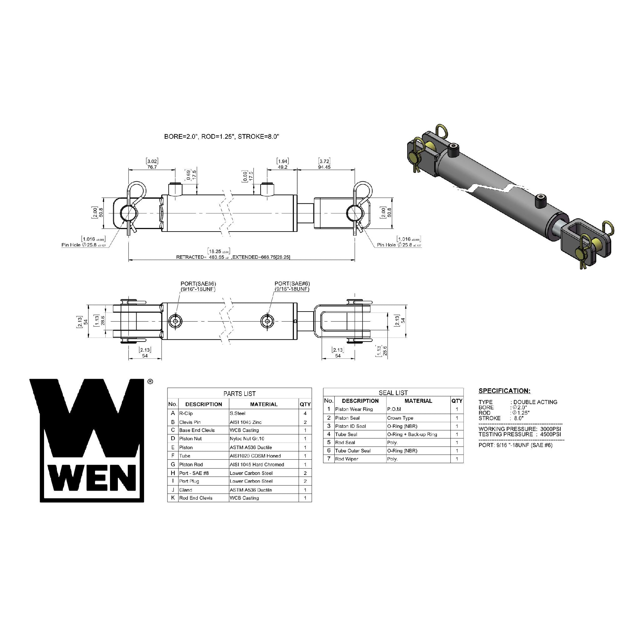 WEN CC2008 Hydraulic Cylinder - 2 Inch Bore, 8 Inch Stroke Clevis Style for Heavy-Duty Industrial Equipment and Machinery Applications