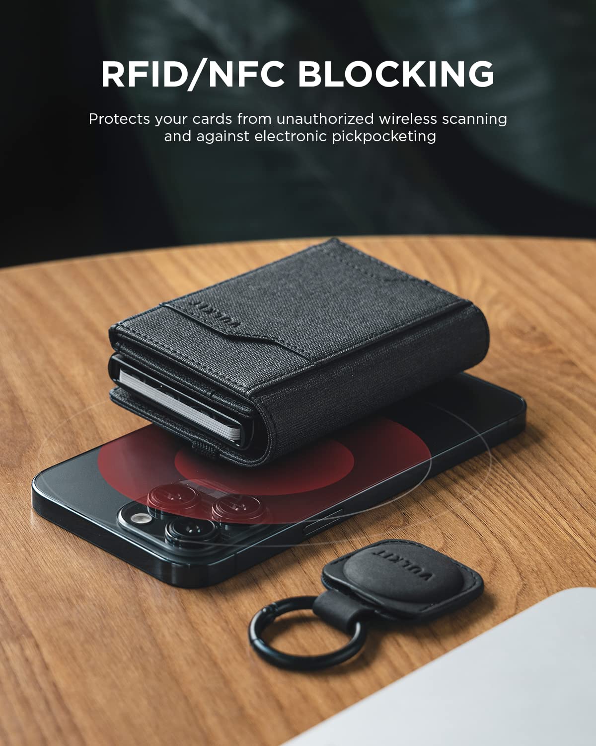 VULKIT RFID Blocking Wallet for Men - Slim Leather Credit Card Holder with Cash Compartment, ID Window & Removable AirTag Holder Keychain - Perfect for Travel, Business & Everyday Use (Black)