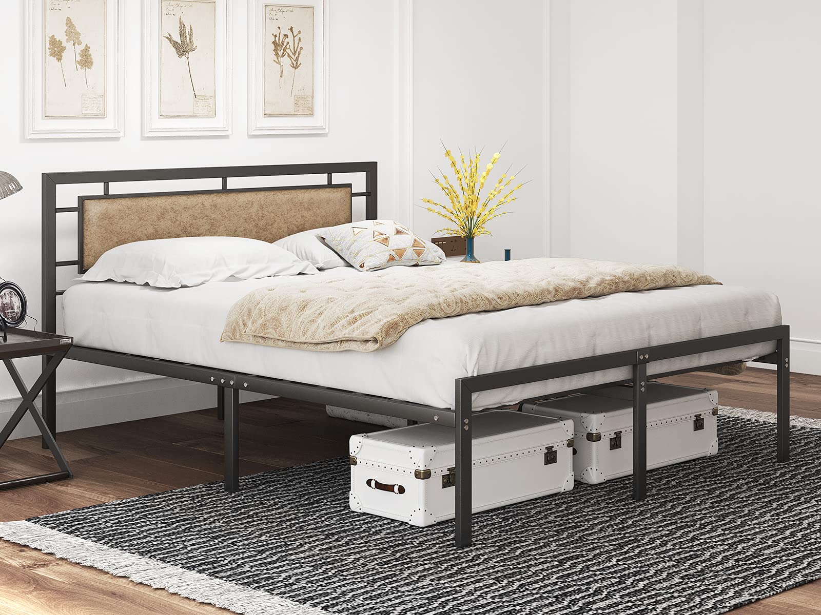 Mecor Vintage Rustic Brown Metal Queen Bed Frame with Upholstered Faux Leather Headboard - Strong Metal Slats Support, No Box Spring Needed, Platform Mattress Foundation - Perfect for Master Bedroom, Guest Room & Apartment (Black/Brown)