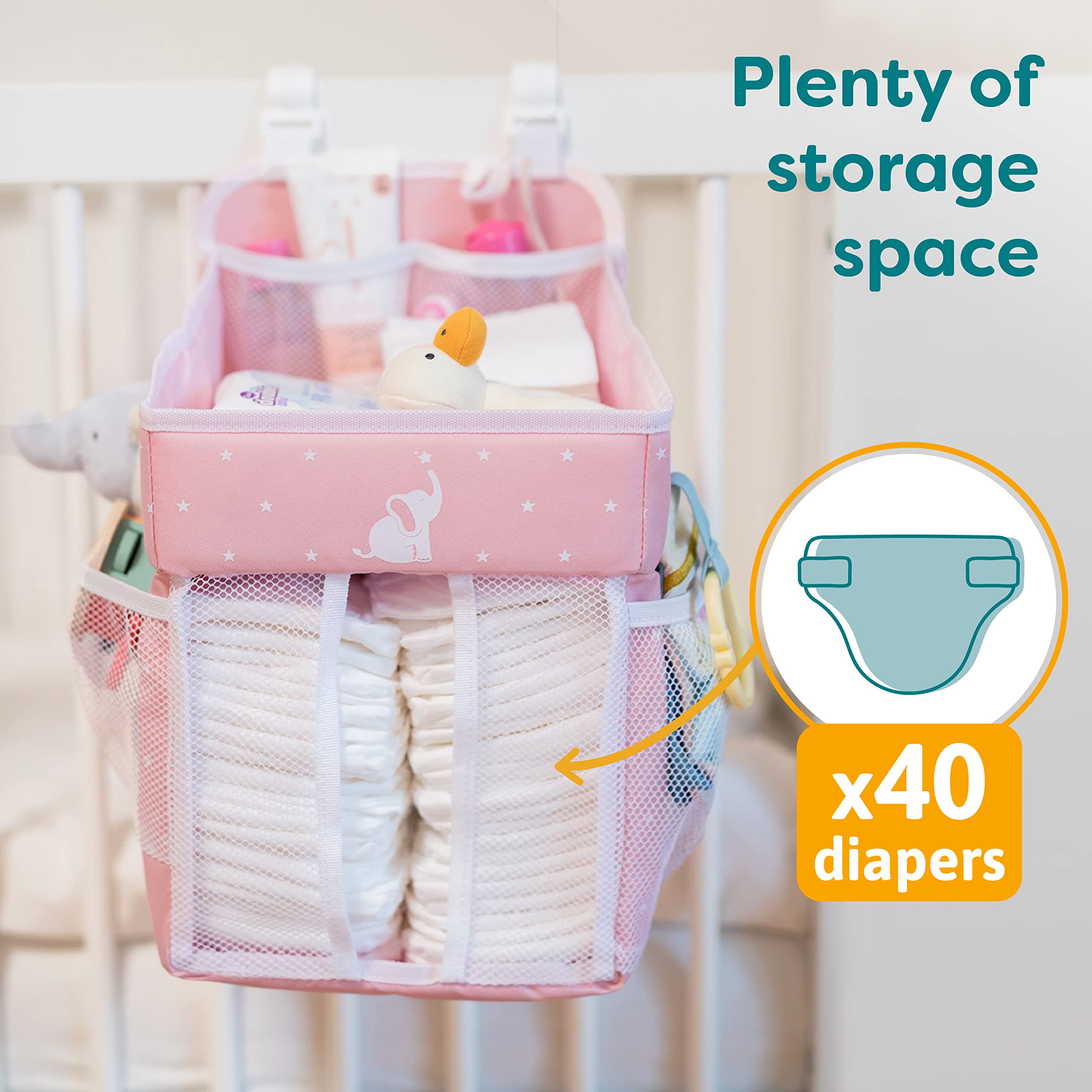 Hanging Diaper Caddy Organizer - Baby Shower Gift for Changing Table - Holds 50+ Diapers & Baby Essentials - Nursery Storage for Newborns - Pink (17x9x9 Inches) - Perfect for Diaper Changing Station & Nursery Organization