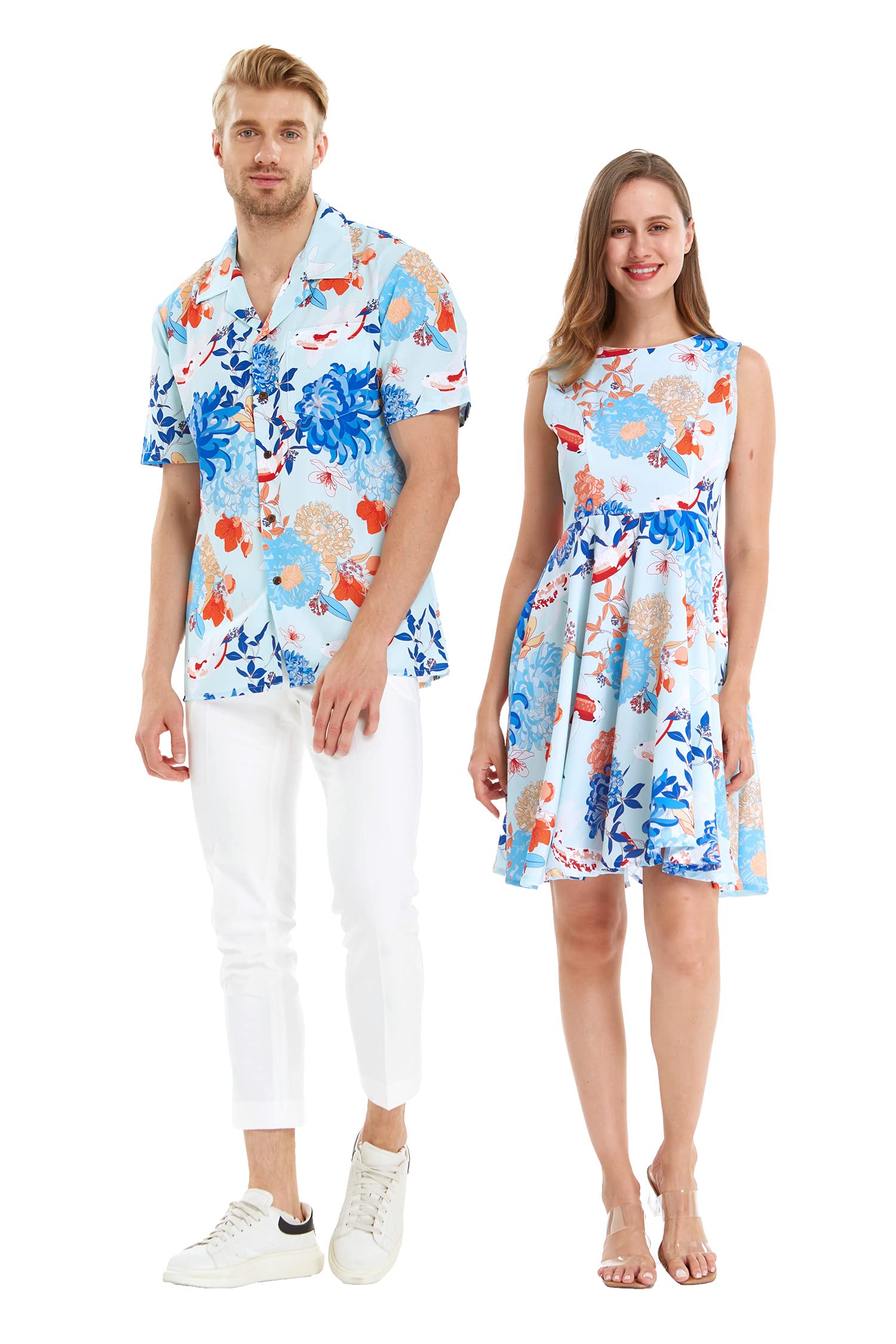 Vintage Hawaiian Luau Matching Couple Outfits - Men's Aloha Shirt & Women's Floral Fit and Flare Dress in Koi Blue | Perfect for Beach Vacations, Summer Parties & Tropical Themed Events