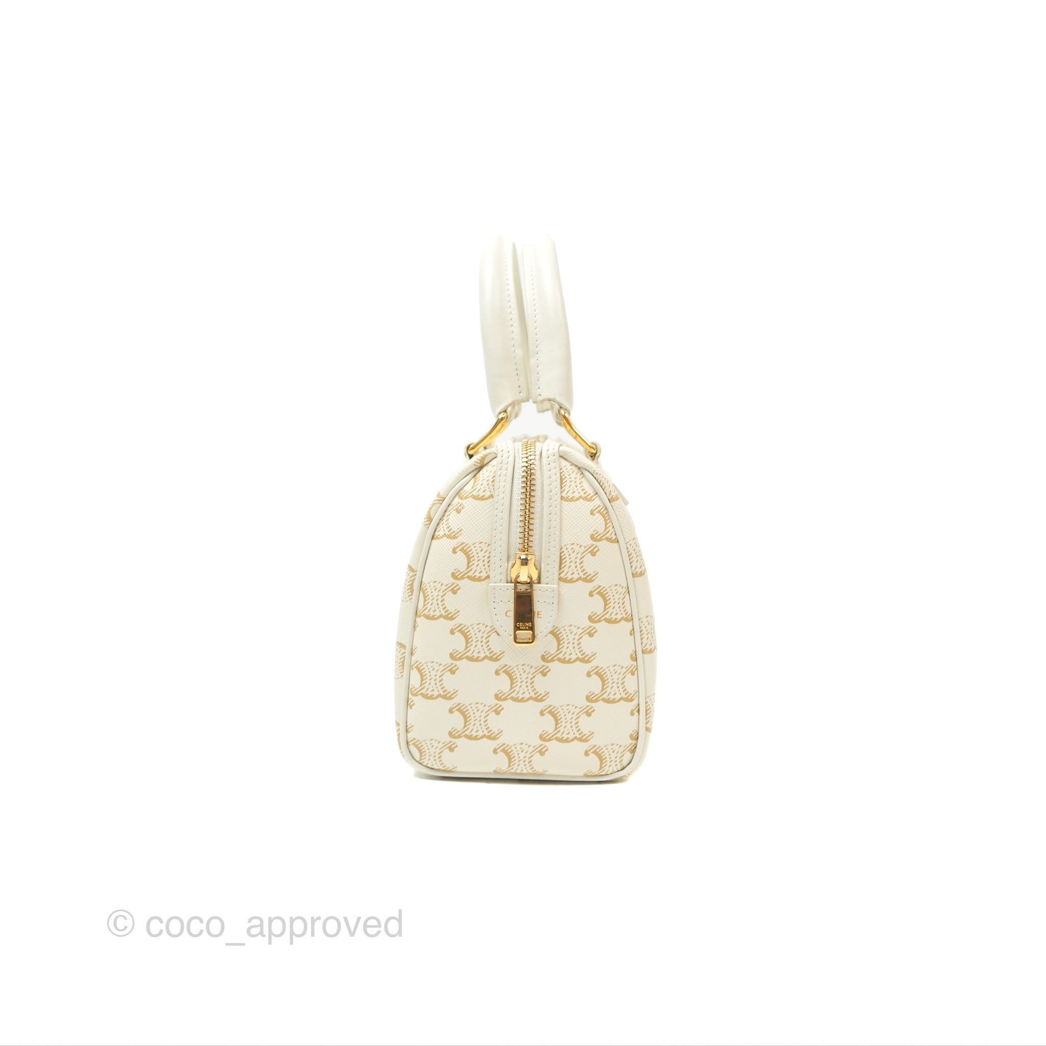 Celine Small Triomphe Canvas Boston Bag in White Calfskin Leather - Luxury Crossbody Handbag for Women, Perfect for Work, Travel & Everyday Use