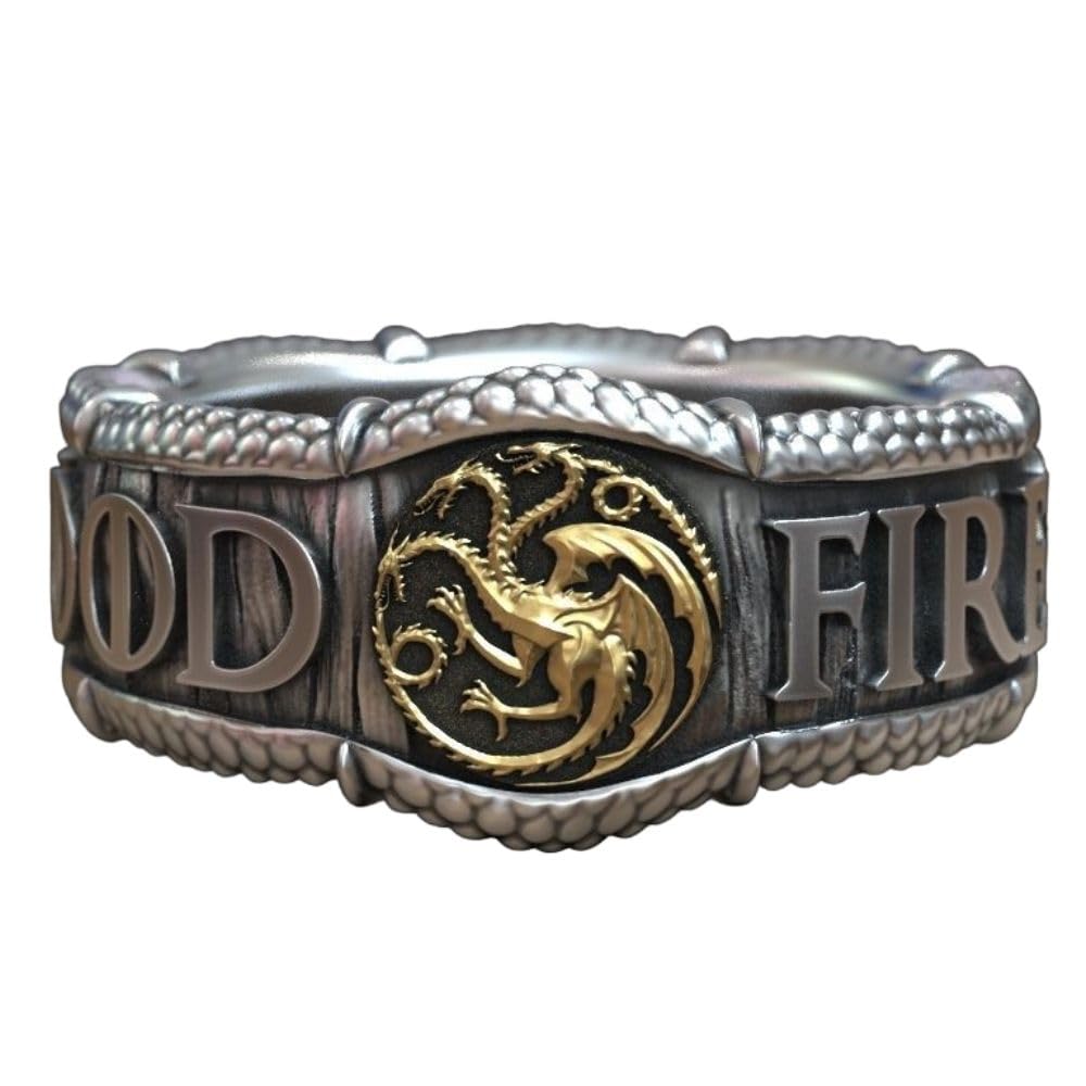 House Targaryen Dragon Ring - 925 Sterling Silver Fire & Blood Band with 14k Gold Finish | Oxidized Dragon Engraved Signet Ring | Unique Fantasy Jewelry Gift for Game of Thrones Fans & Medieval Lovers | Perfect for Cosplay, Collectors & Special Occasions