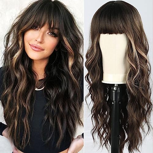 Wavy Dark Brown Synthetic Wig with Bangs | Natural Looking Heat Resistant Cosplay Wig for Women | Perfect for Halloween, Costume Parties & Daily Wear