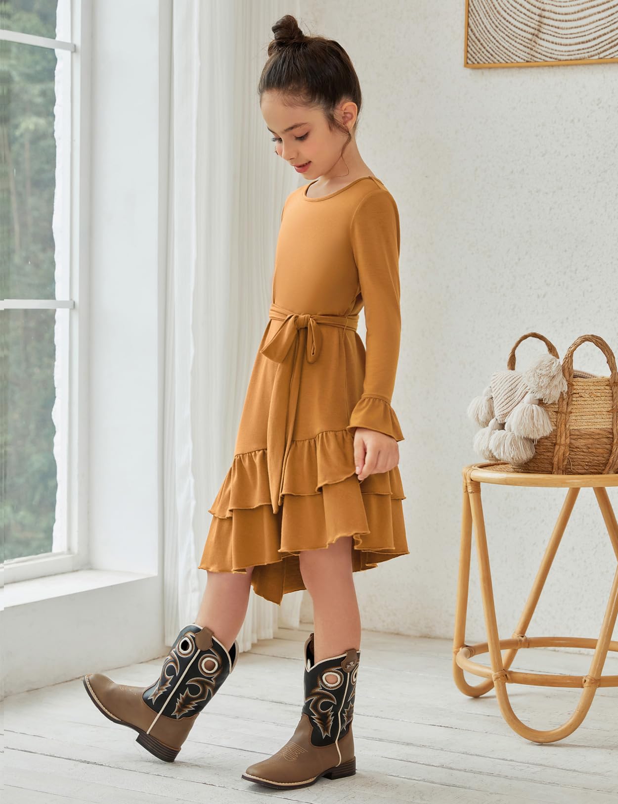 QPANCY Girls Long Sleeve Ruffle Swing Dress with Belt - Round Neck Casual Dresses for Toddler & Kids | Perfect for School, Parties & Family Outings