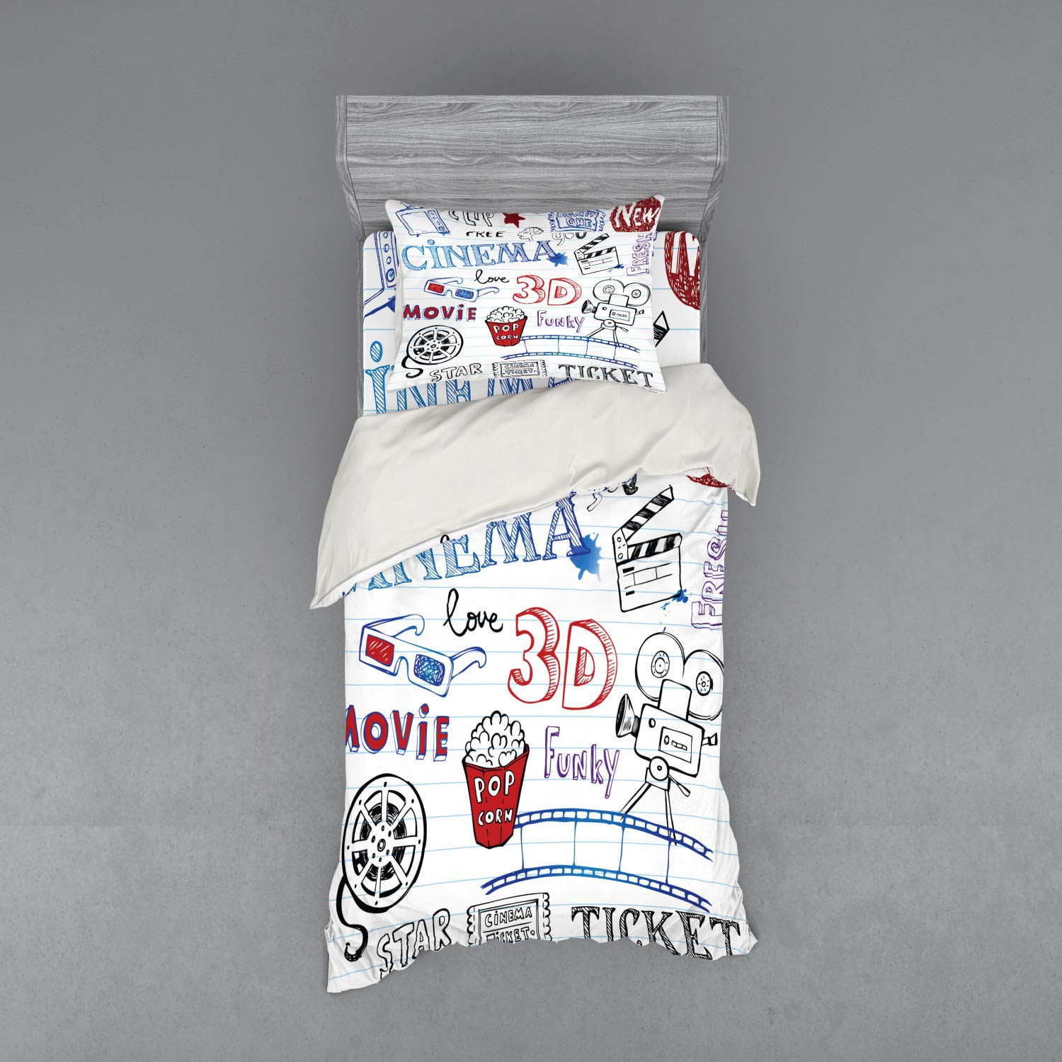 Ambesonne Movie Theater Bedding Set - Hand Drawn Hollywood Notebook Design 3-Piece Duvet Cover with Sham & Fitted Sheet, Twin Size in Red & Blue - Perfect for Movie Lovers' Bedroom Decor & Themed Sleepovers