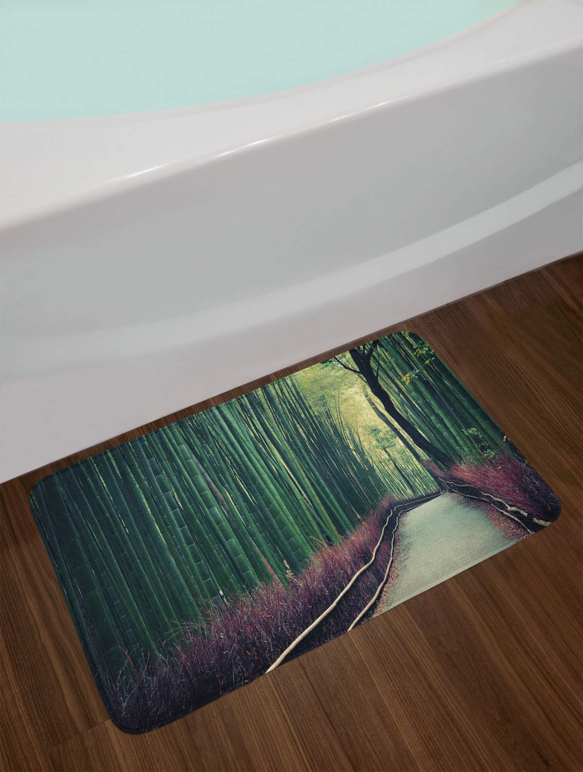 Ambesonne Non-Slip Travel Bath Mat - Exotic Jungle Scenery of Arashiyama Kyoto Japan Nature Landscape Print, Plush Bathroom Decor Mat, 30.2 x 20 Inches, Hunter Green & Umber - Perfect for Bathrooms, Yoga Studios, and Spa Decor