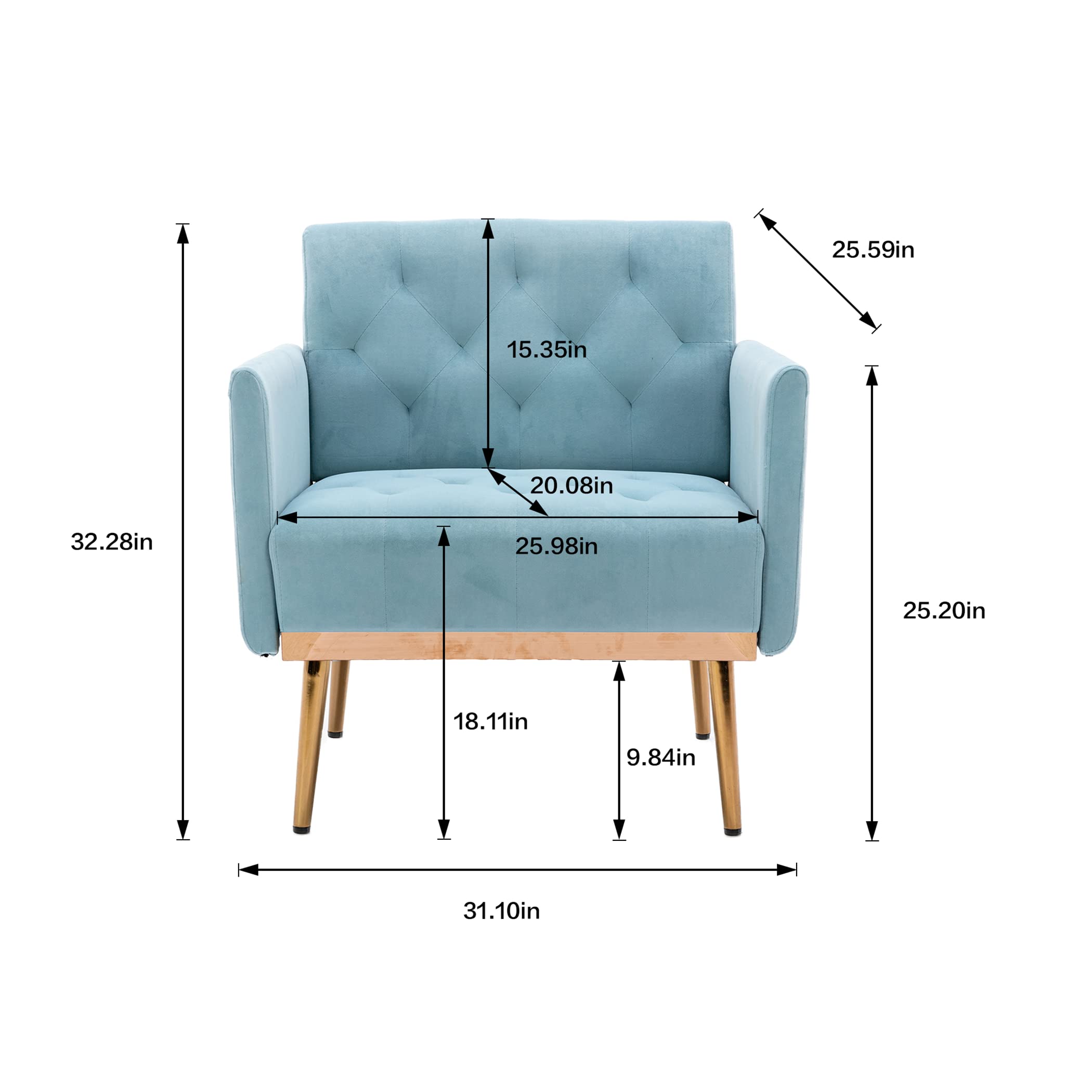 Velvet Accent Chair with Golden Metal Legs - Square Single Sofa Chair for Living Room, Bedroom, Coffee & Reception Areas - Light Blue Modern Lounge Seating for Home & Office Decor