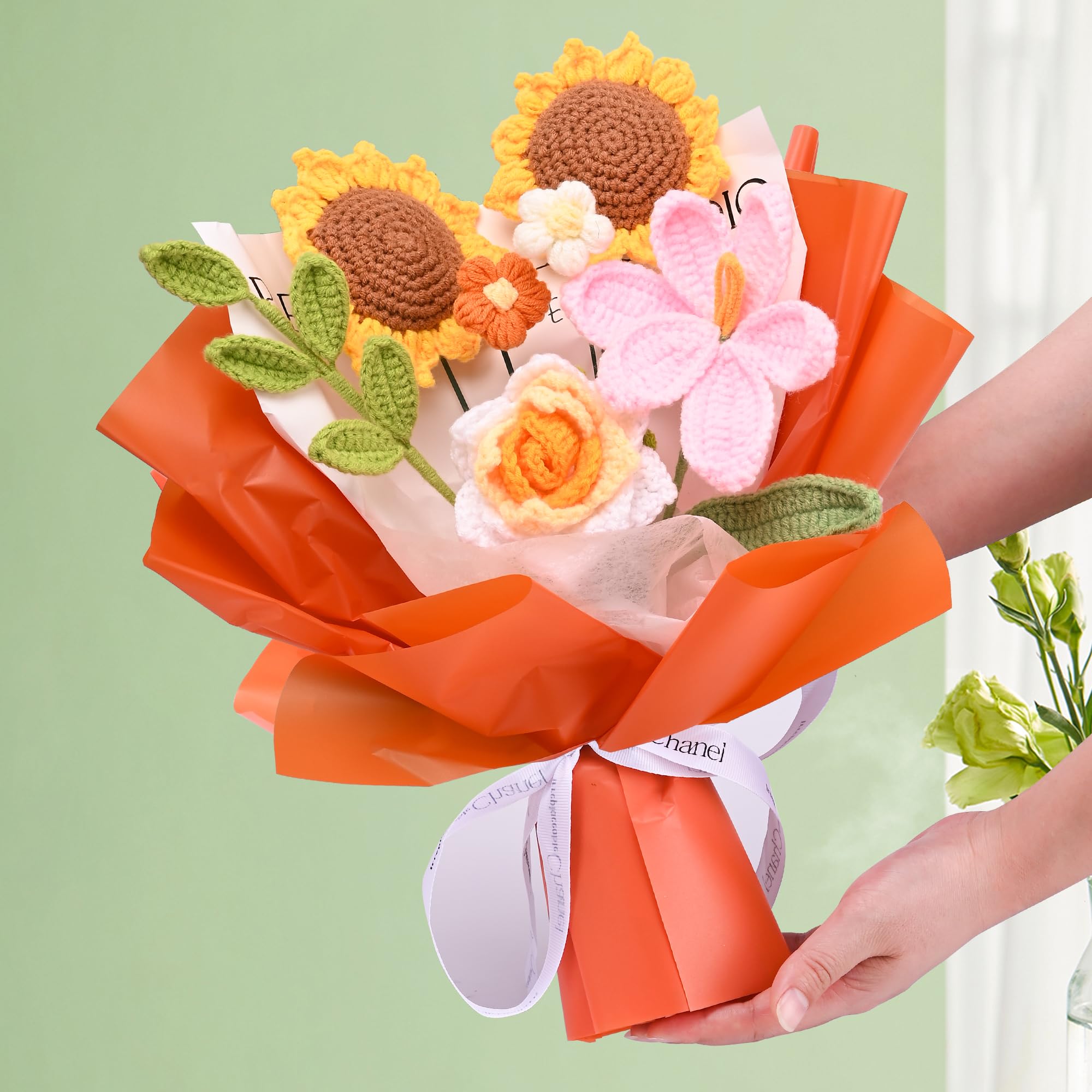 Handmade Crochet Flower Bouquet Gift Set - 7Pcs Tulips, Sunflowers & Roses Floral Arrangement for Women, Mom, Wife - Perfect for Anniversary, Graduation, Wedding Decor - Home & Office Decoration (Orange)