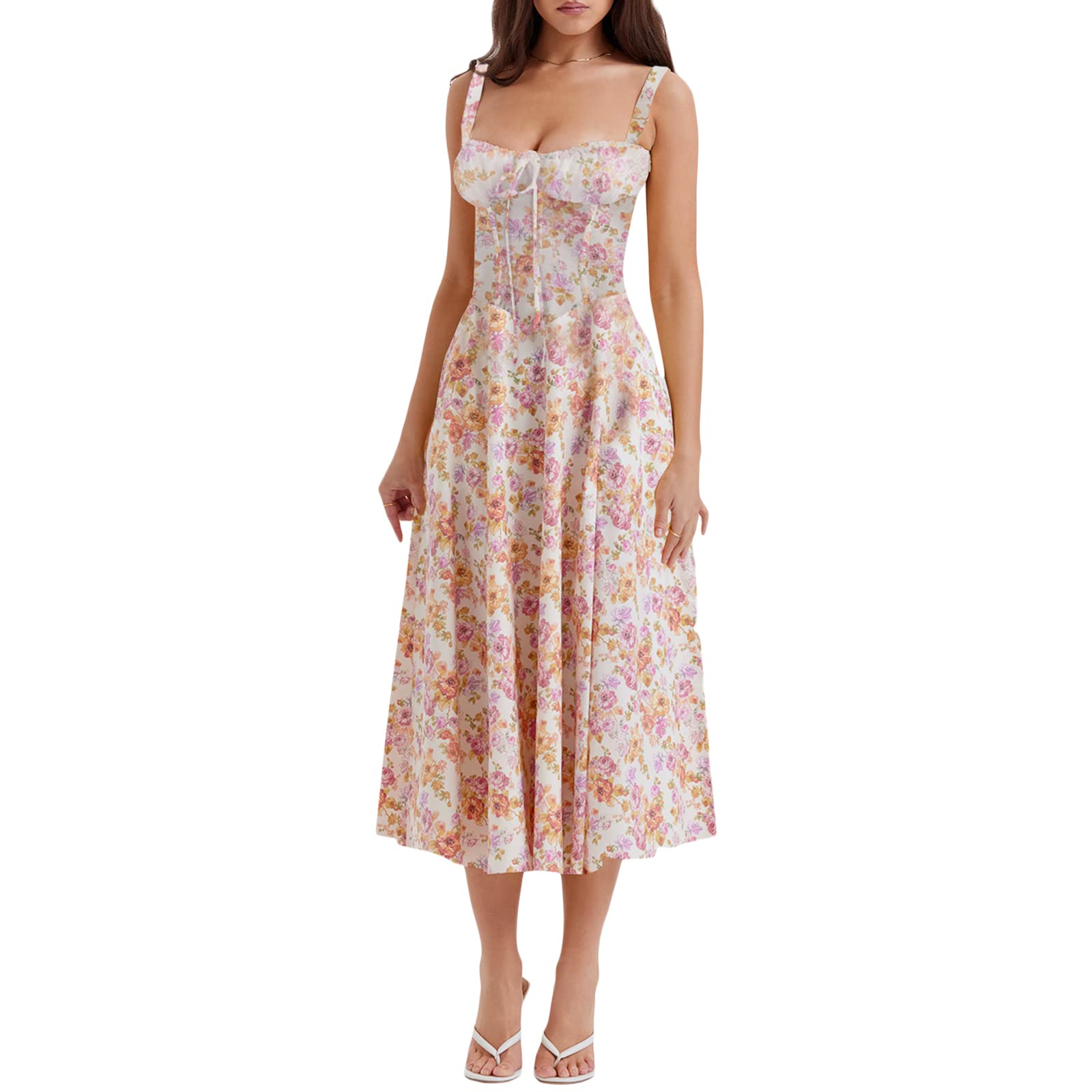 Boho Floral Maxi Dress for Women - Spaghetti Strap Flowy A-Line Long Dress with Side Slit | Summer Vacation, Beach Party, Cottagecore & Boho Chic Outfit