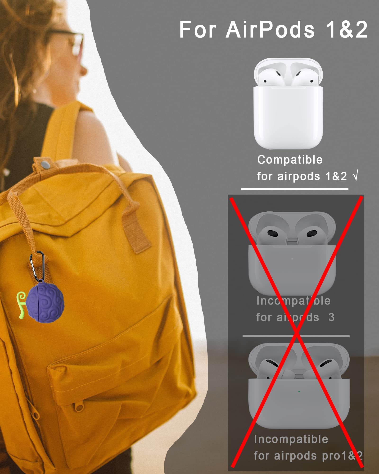 2-Pack Devil Fruit AirPods Case Cover - Cute 3D Cartoon Silicone Protector for AirPods 1st/2nd Gen (Purple & Red-Yellow) - Perfect for School, Work & Travel Accessories