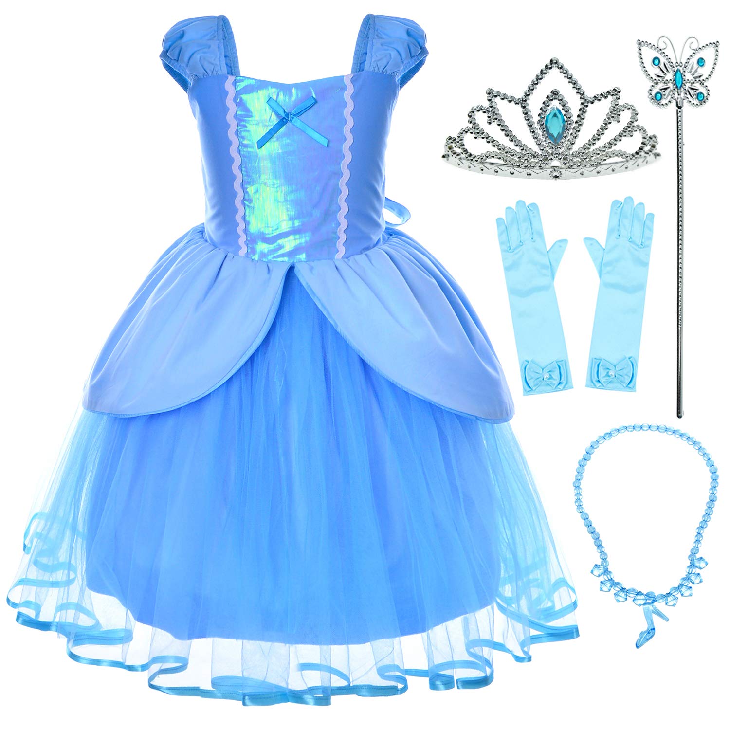 Joy Join Princess Costume Blue Dress for Toddler Girls - Fairy Tale Dress Up Set with Gloves, Crown, Wand & Necklace | Perfect for Birthday Parties, Halloween & Pretend Play