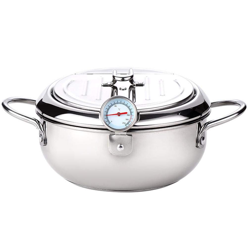 Dual Handle Stainless Steel Fryer Pot with Drain Lid & Thermometer - Perfect for Tempura, Chicken, and Home Cooking | Ideal for Deep Frying, Kitchen Use & Family Meals